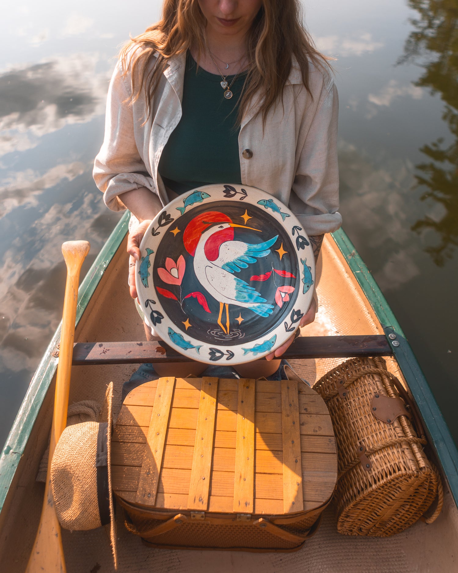 Painted Giant Coastal Blue Heron Bowl in Porcelain
