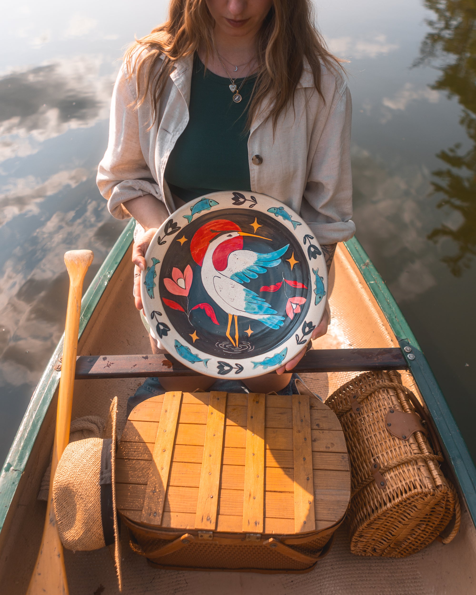 Painted Giant Coastal Blue Heron Bowl in Porcelain