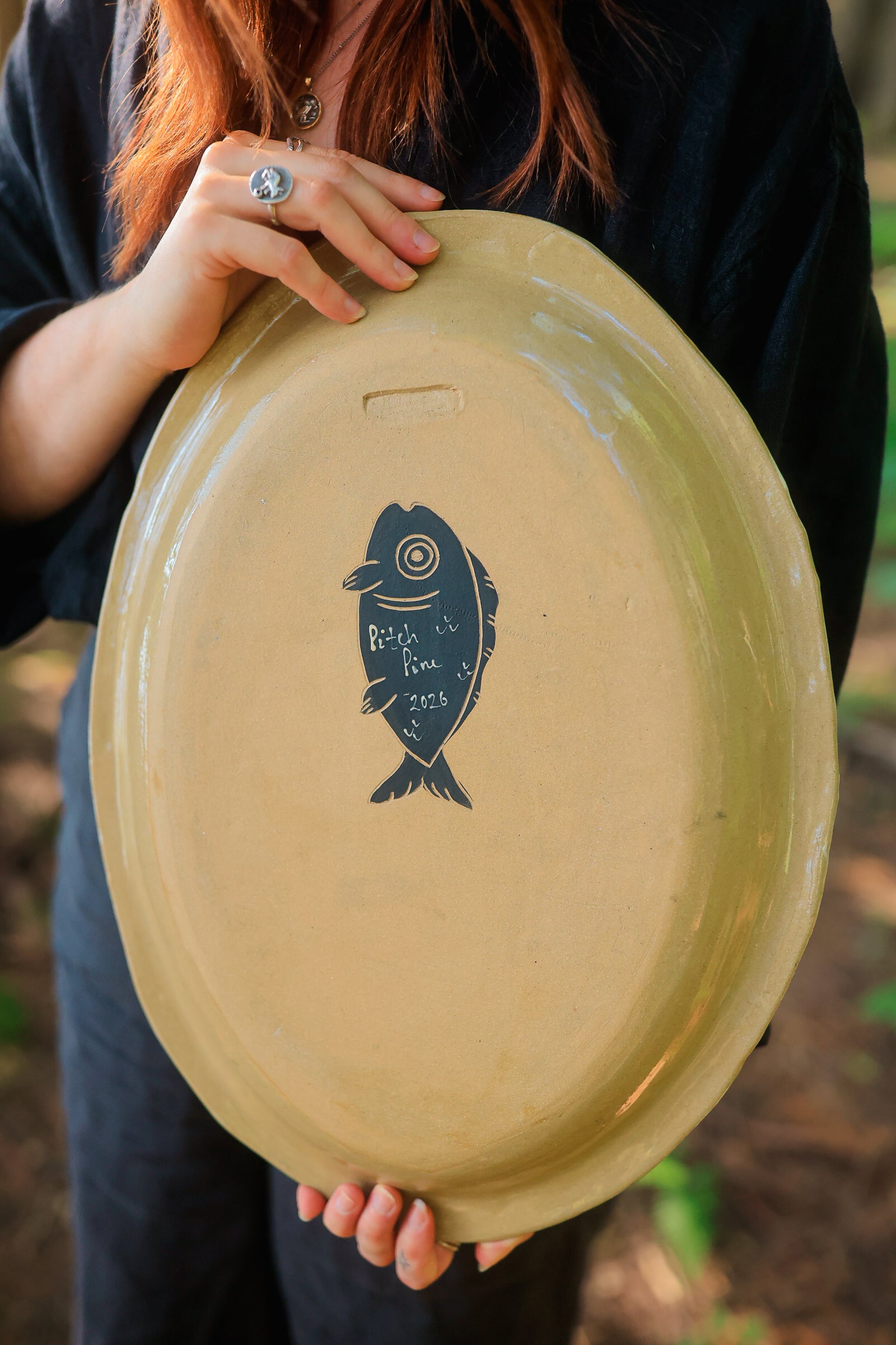 Painted Stoneware Swimming Loons Serving Platter in Washed Ink