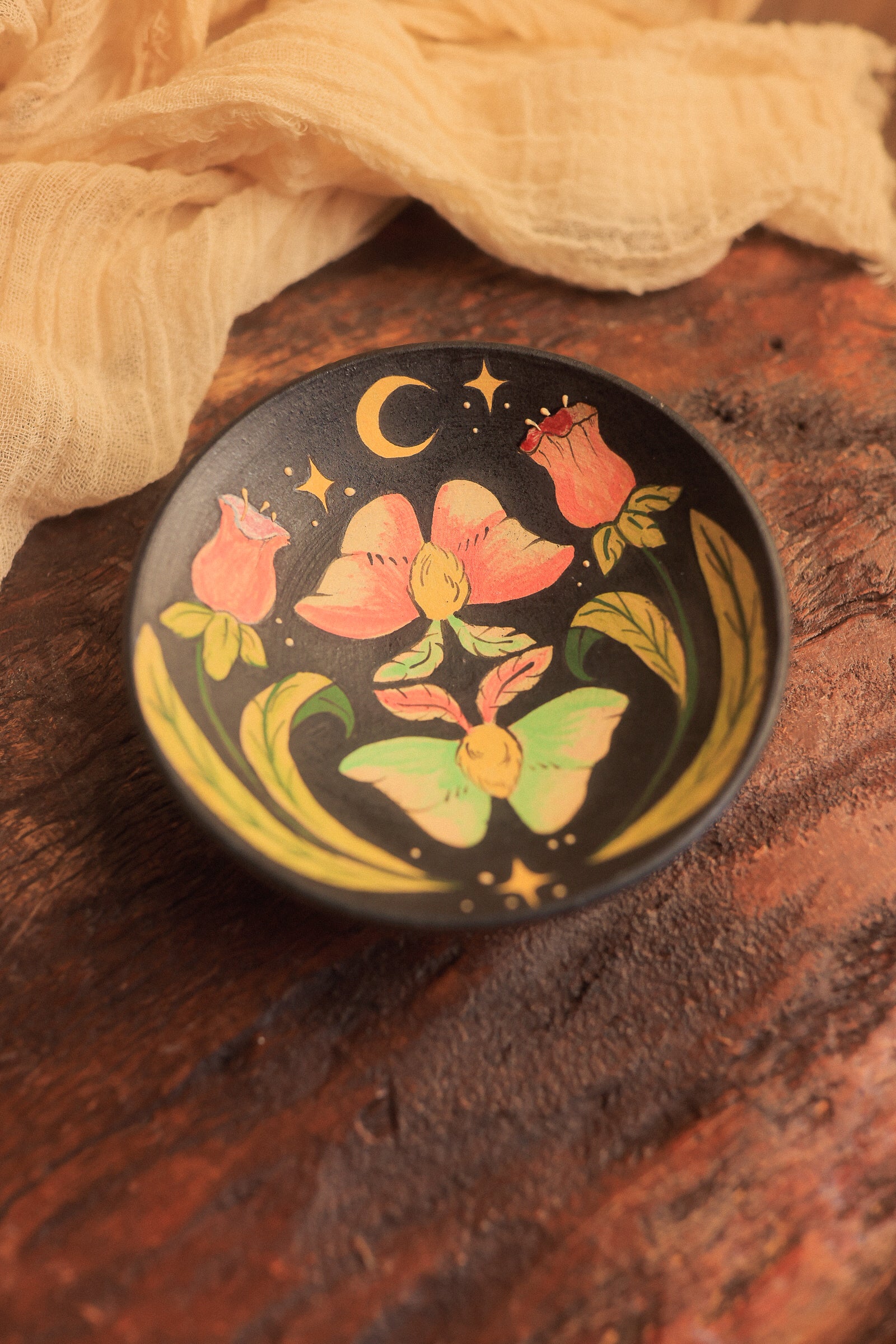 Painted Rosy Midnight Moths Trinket Dish