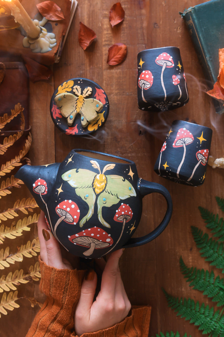 Midnight Autumn Luna Moths & Mushrooms Teapot Set