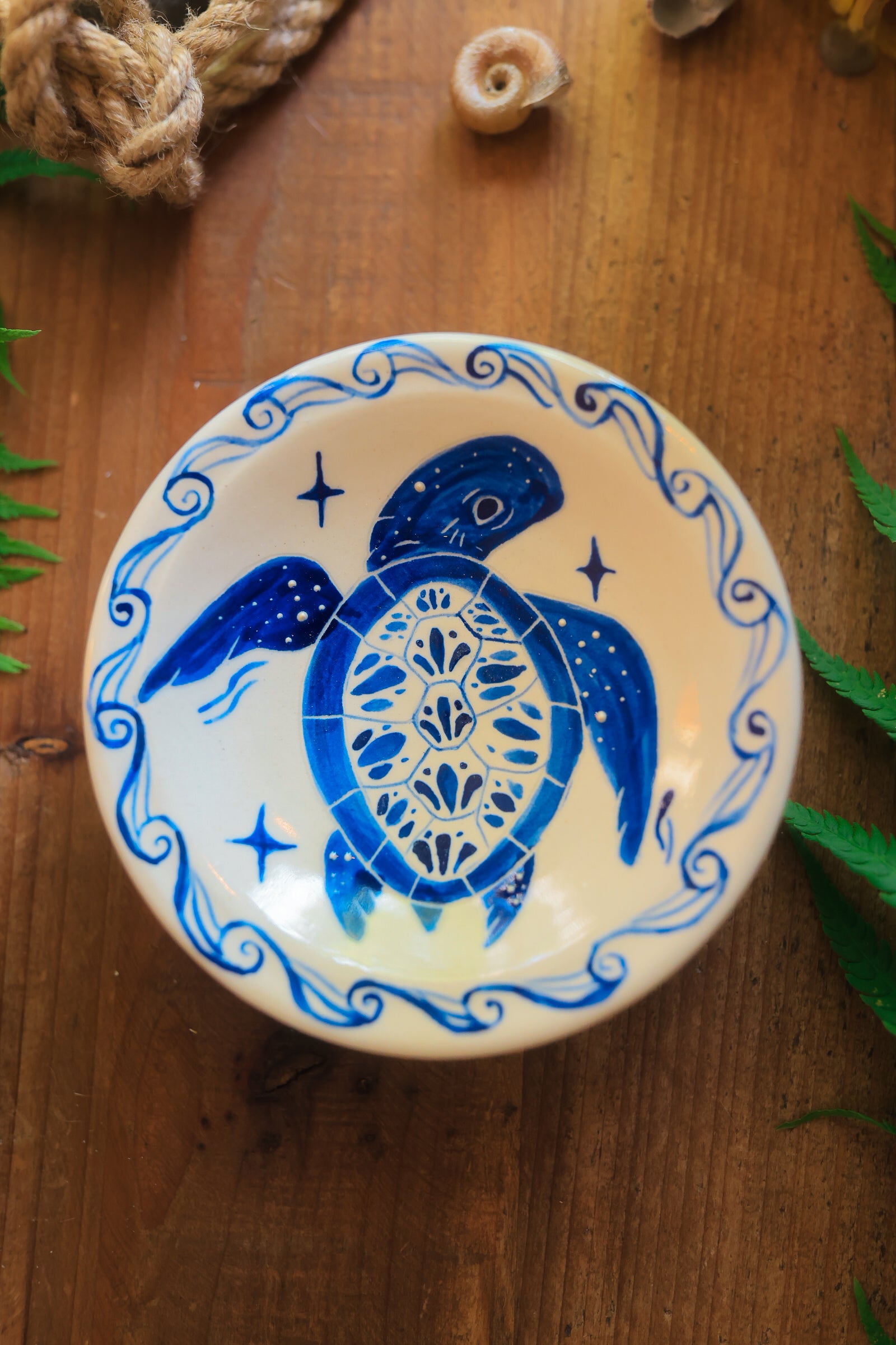 Painted Blue Porcelain Sea Turtle Trinket Dish