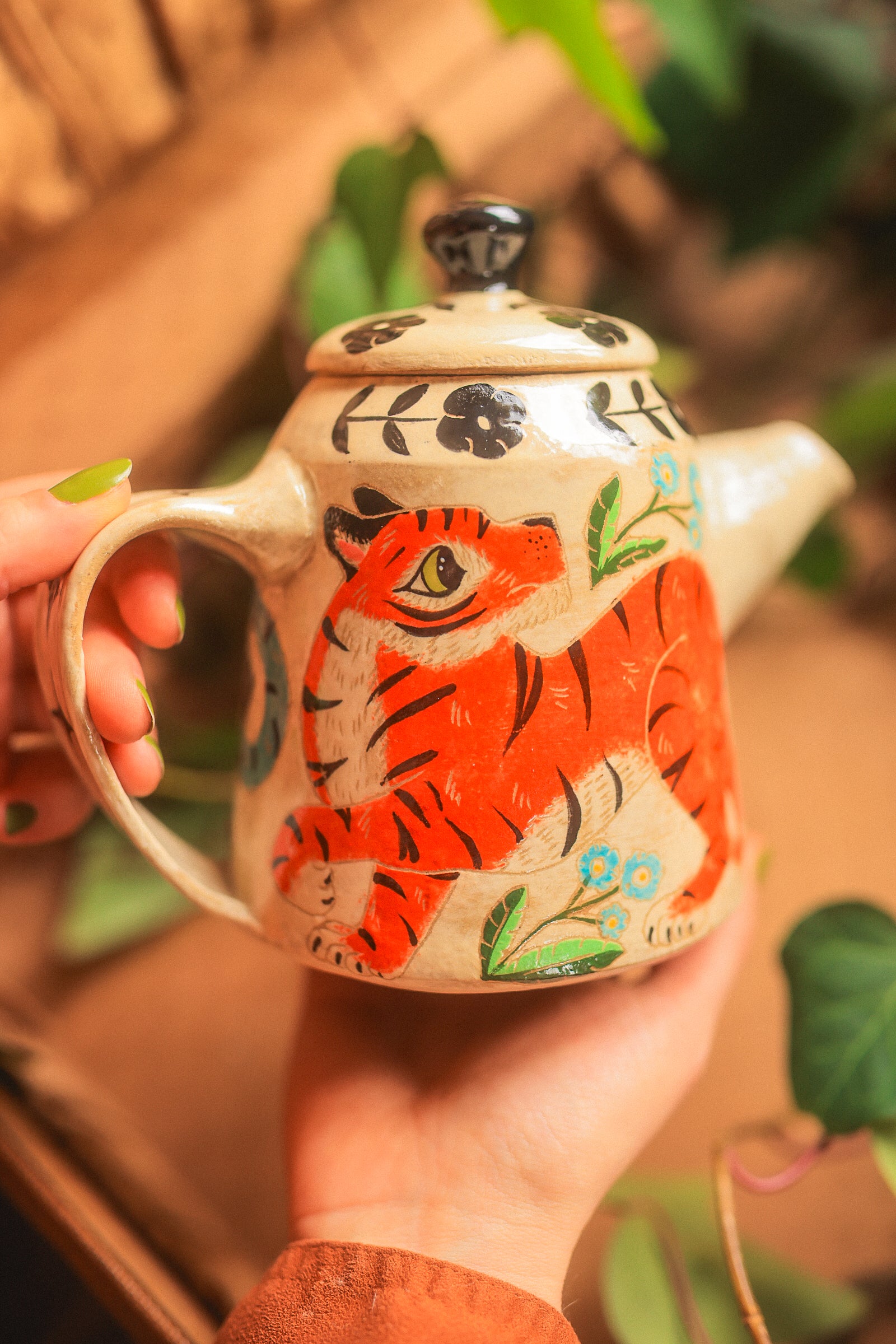 Painted Royal Saffron & Turquoise Tiger Temple Guardians Teapot in Stoneware