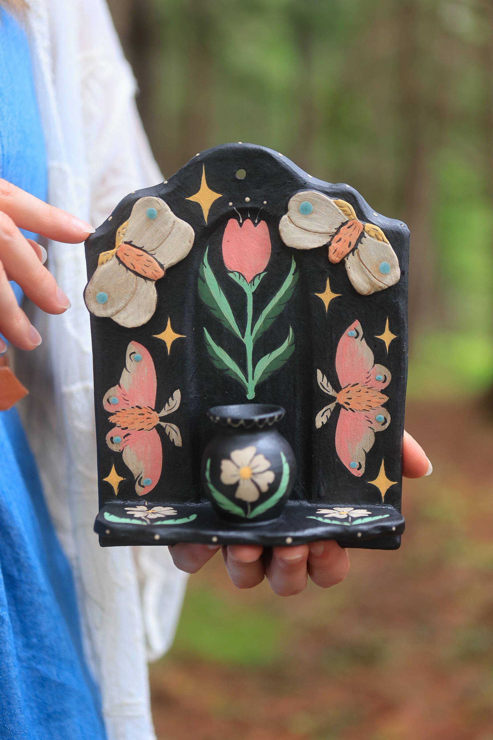 Rosy Maple Moths of Springtime Ceramic Wall Nicho in Midnight
