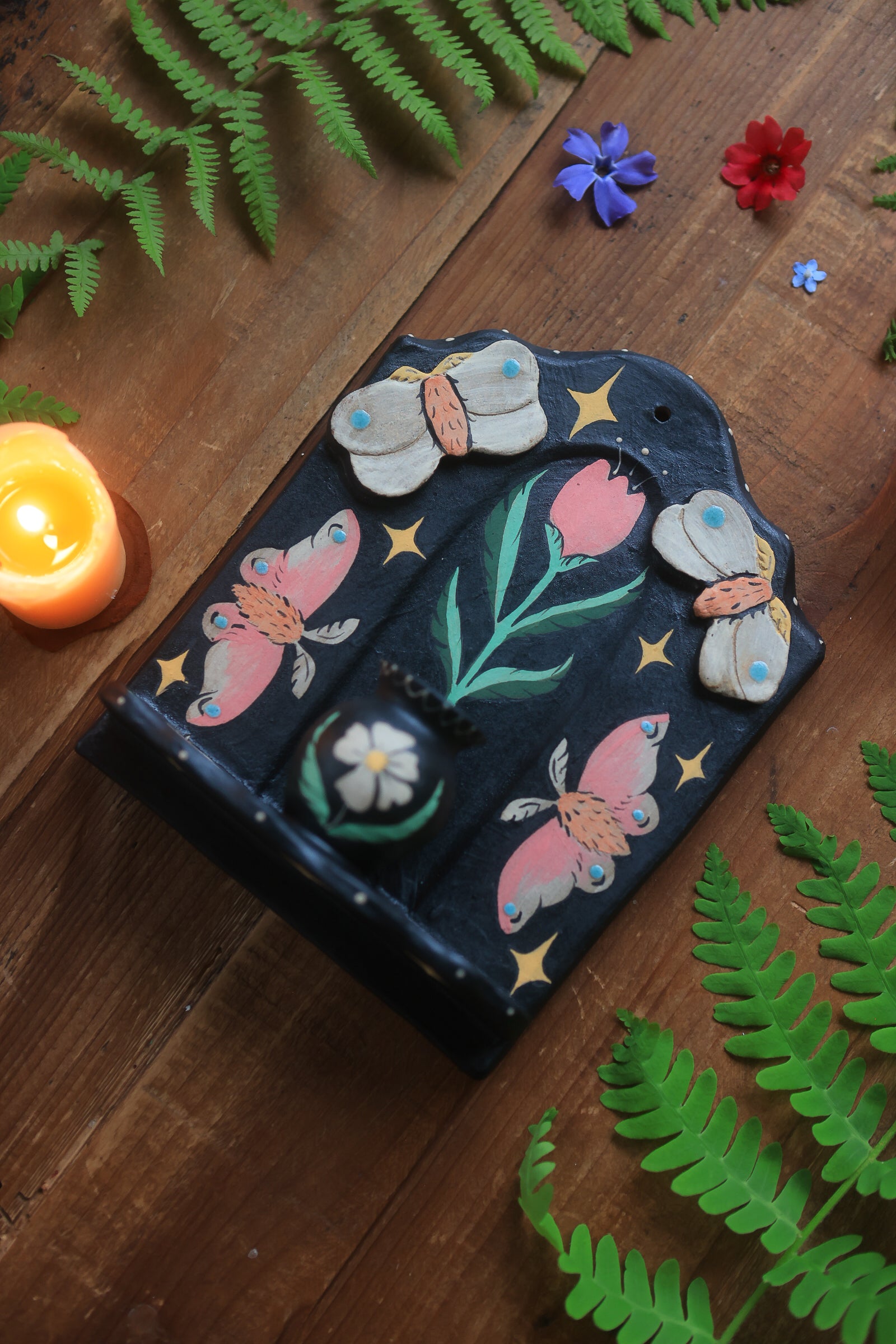 Rosy Maple Moths of Springtime Ceramic Wall Nicho in Midnight