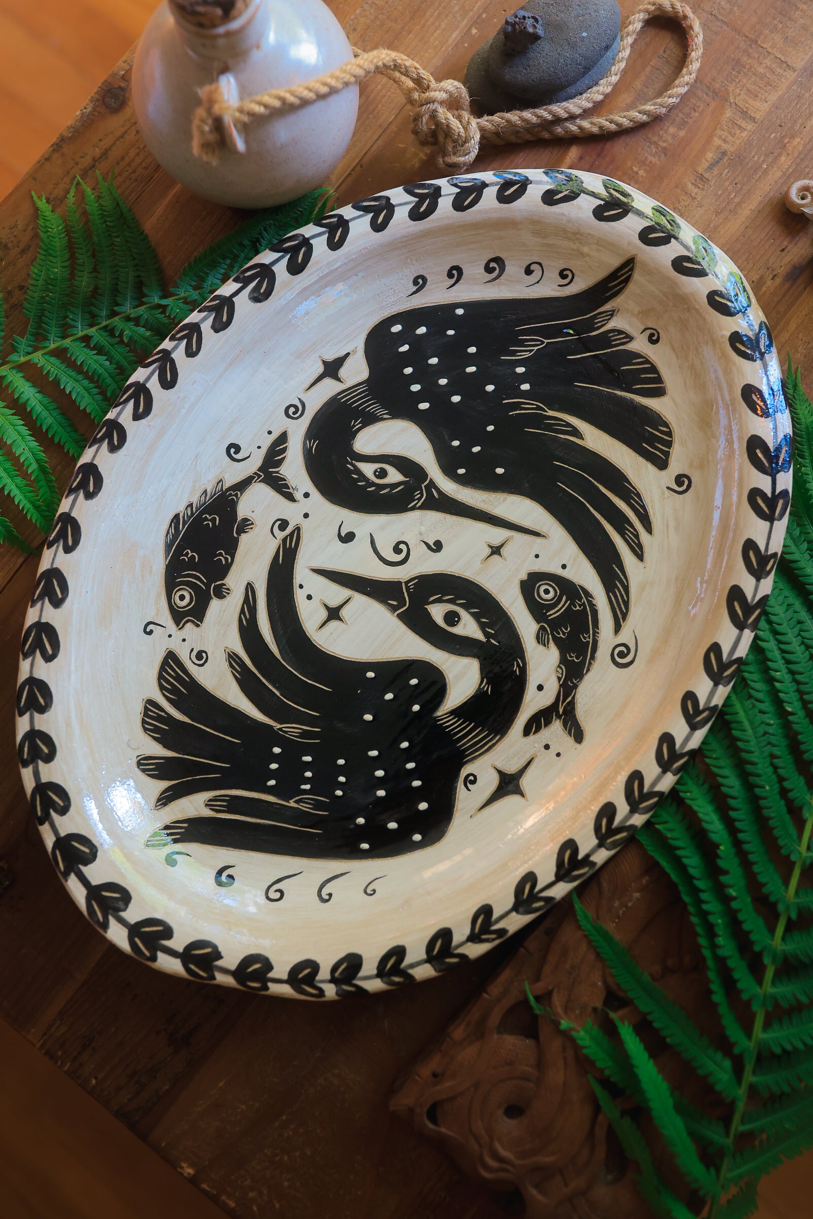 Painted Stoneware Swimming Loons Serving Platter in Washed Ink
