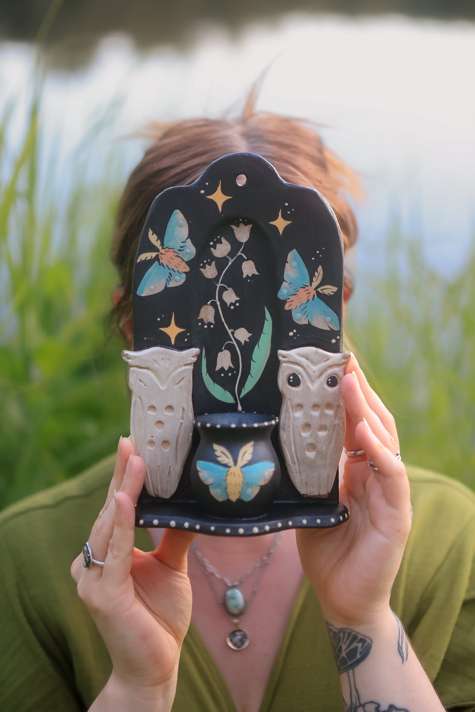 Owl Guardians of Summer Ceramic Wall Nicho in Midnight