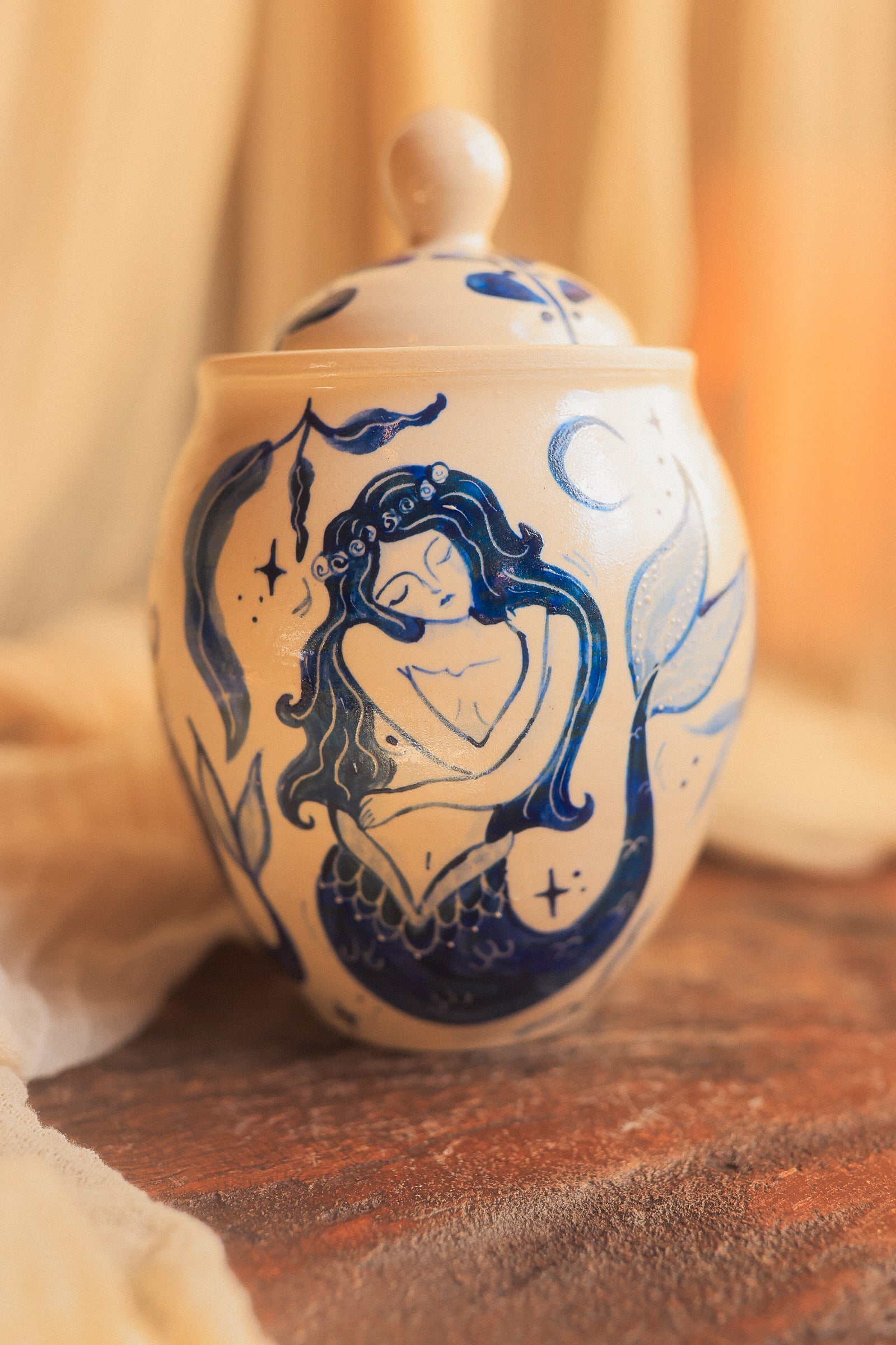 Painted Porcelain Maidens of the Sea Jar in Cobalt Blue