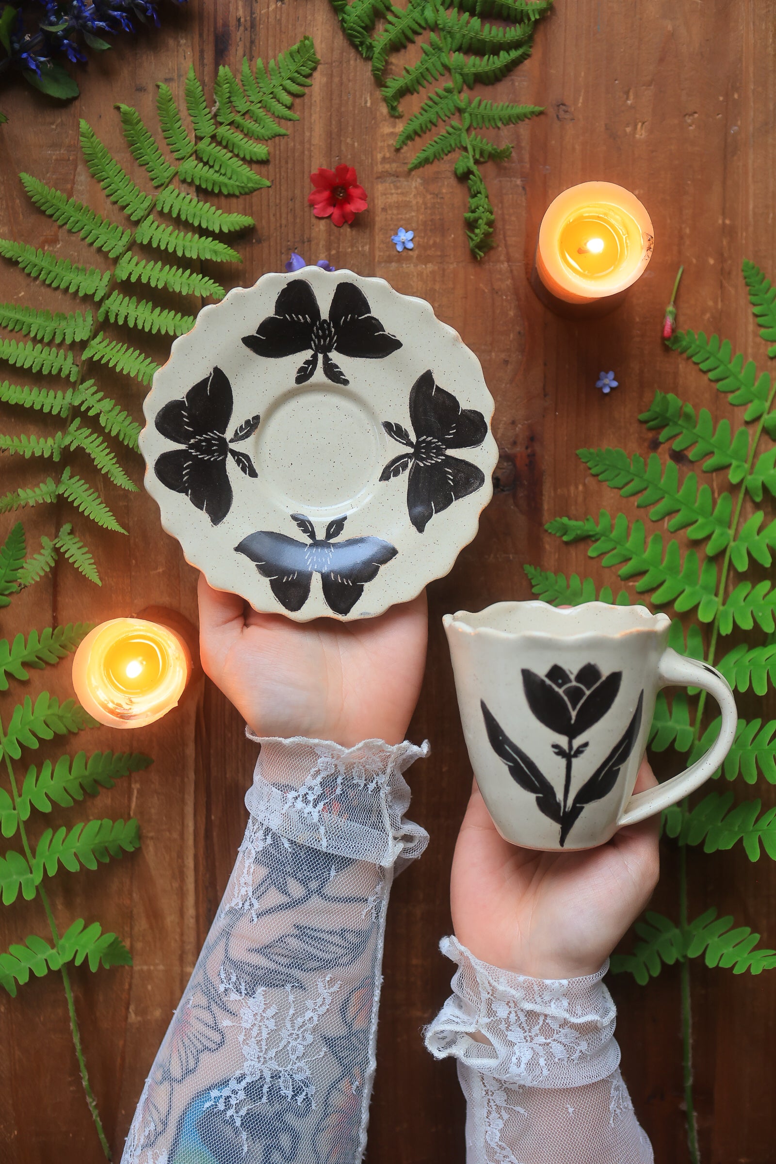 5 Folkware Flutter Moths Mug and Dish Set in Porcelain