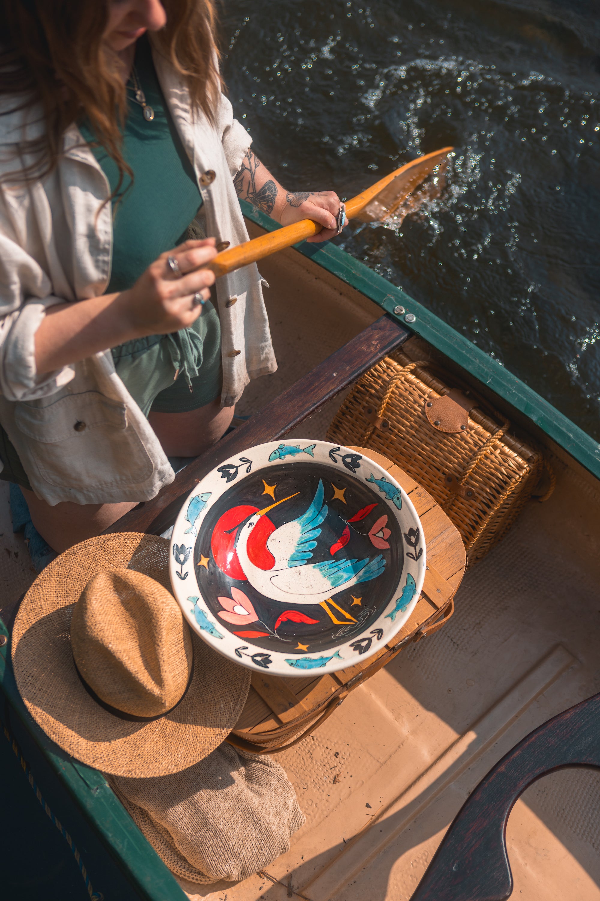 Painted Giant Coastal Blue Heron Bowl in Porcelain