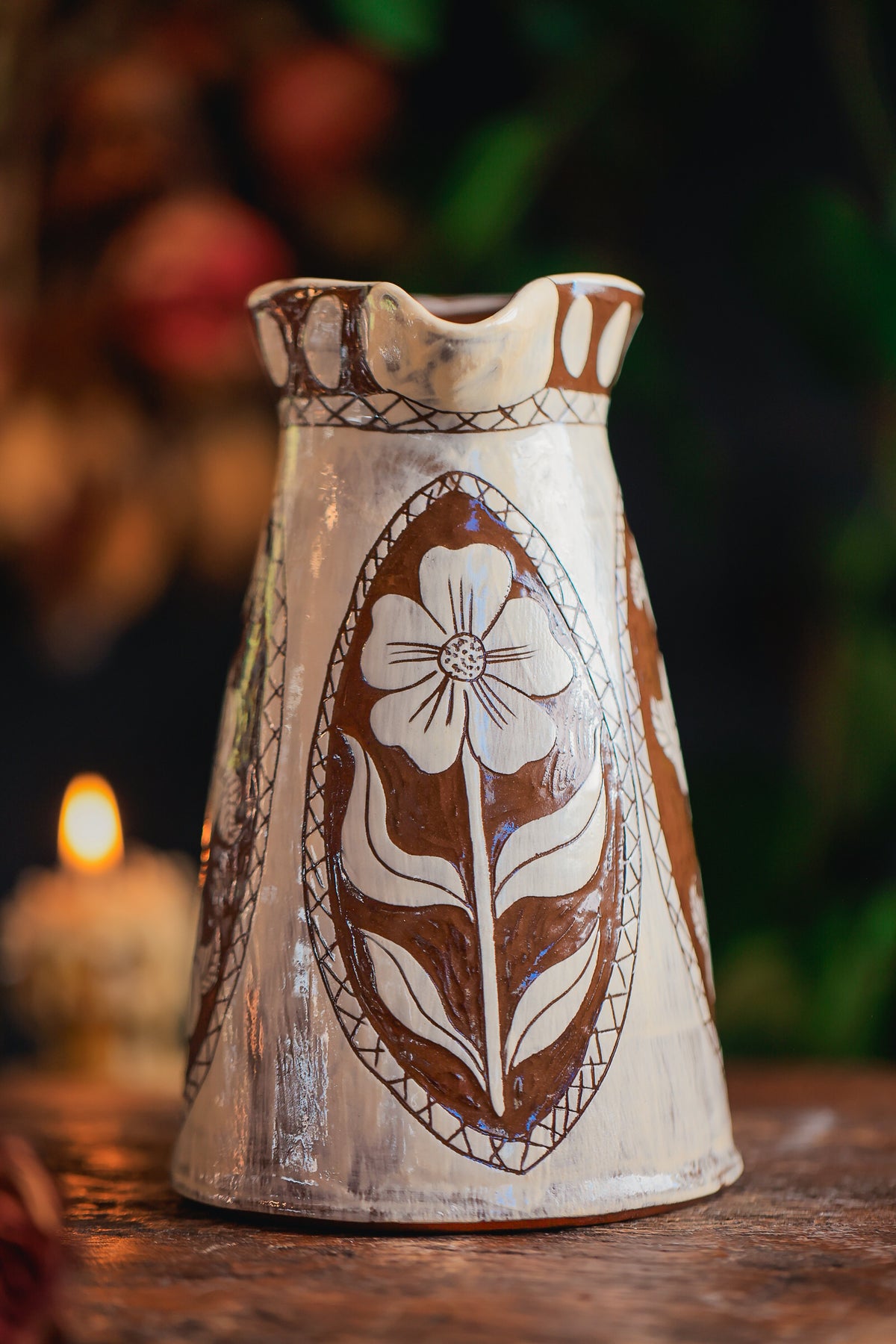 Tall Glazed Meadow Flowers Pitcher in Autumn Wood 26 oz
