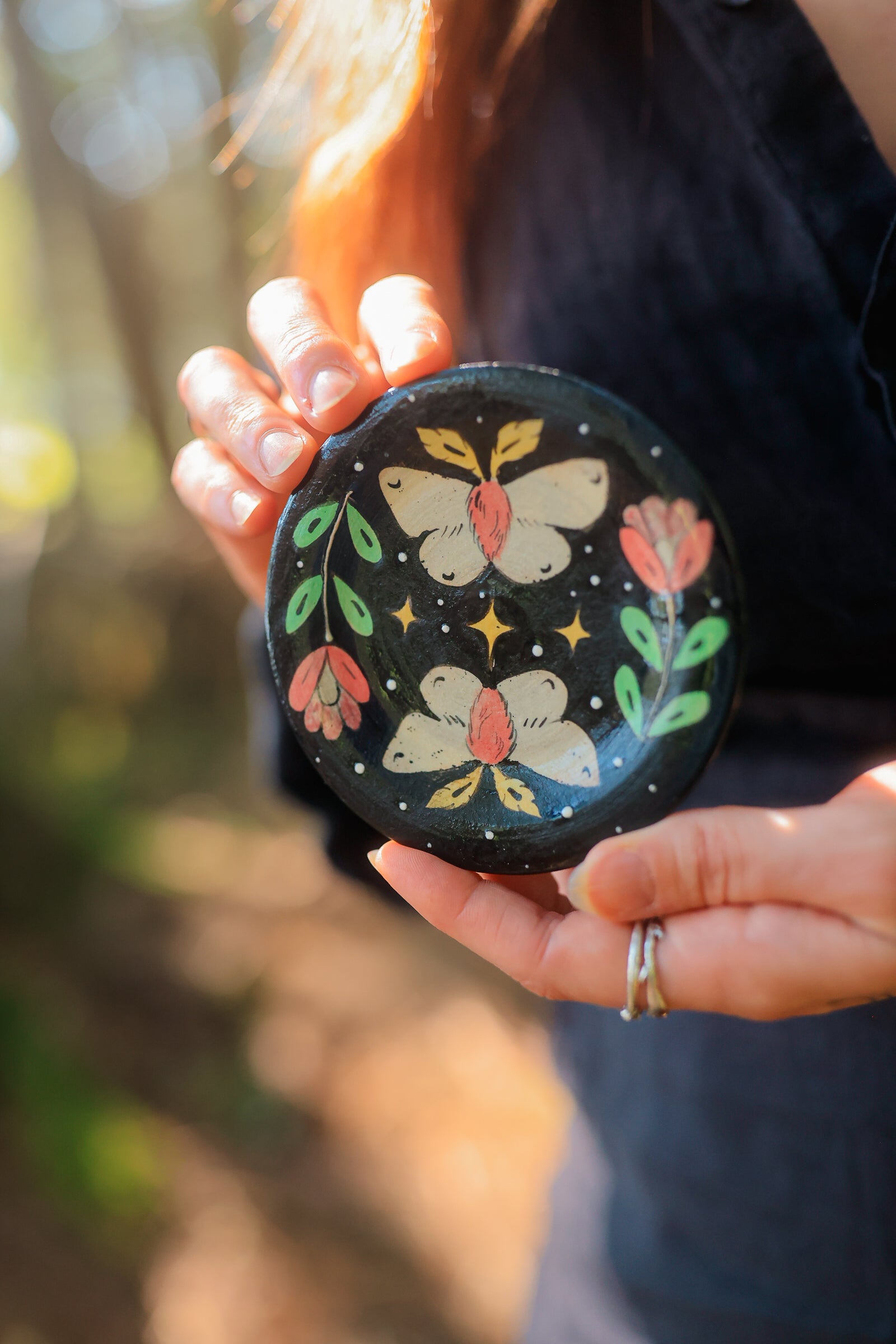 Painted Midnight Garden Moths Trinket Dish