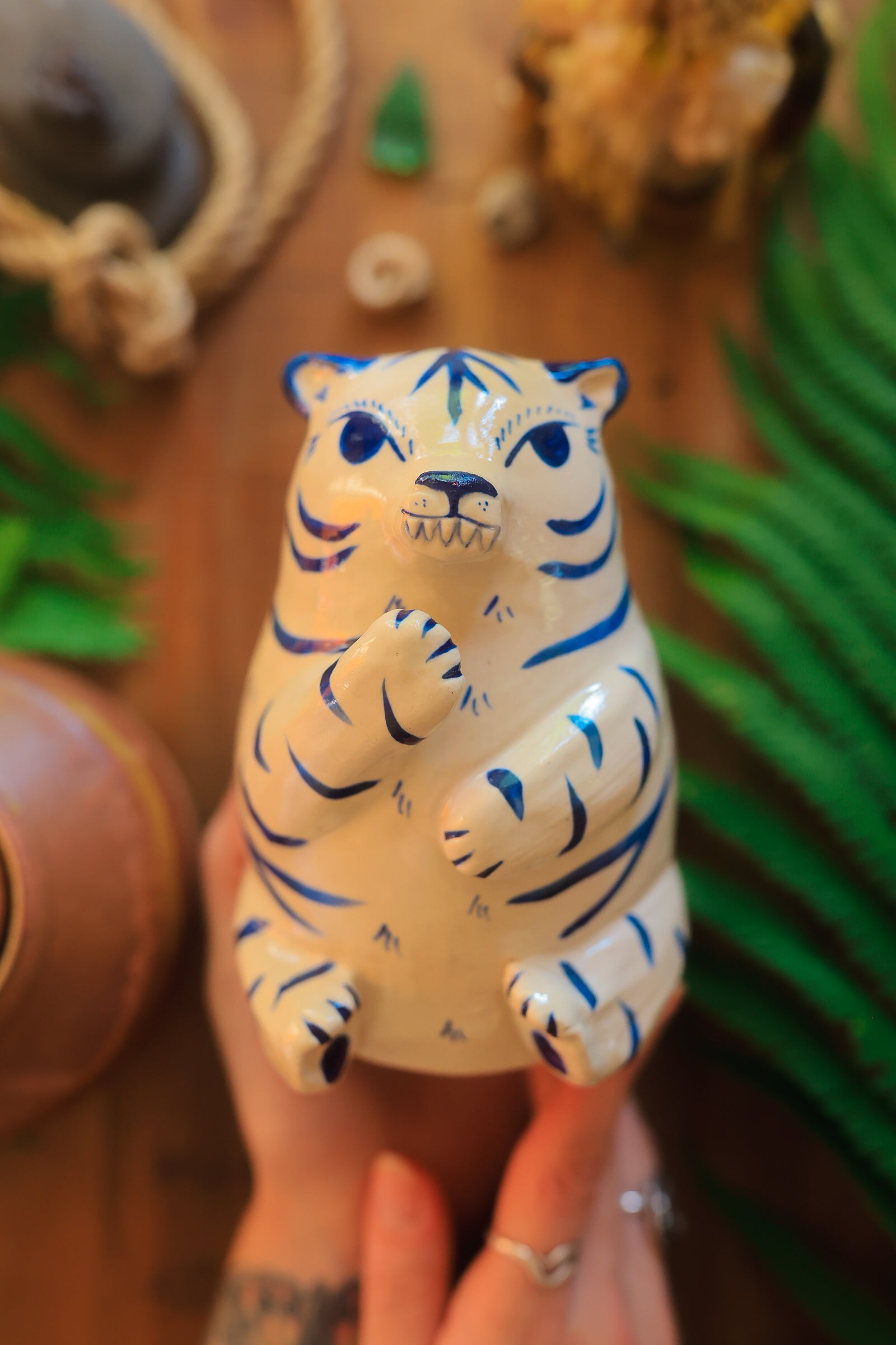 Blue and White Tigrezinho Tiger Guardian Figurine