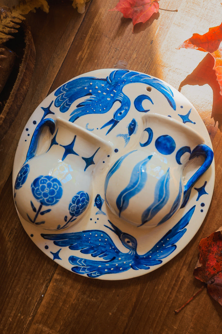 Swimming Lake Loons Double Wall Pocket in Painted Blue-On-White Porcelain