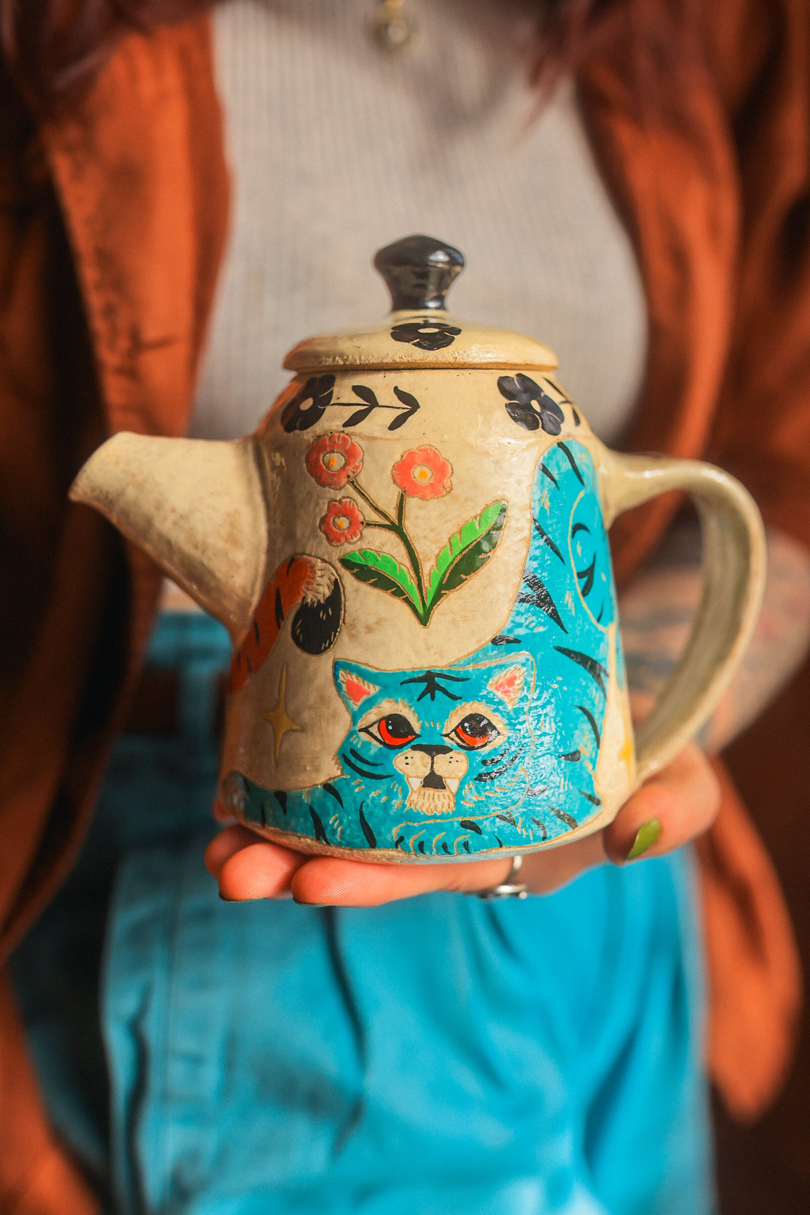Painted Royal Saffron & Turquoise Tiger Temple Guardians Teapot in Stoneware