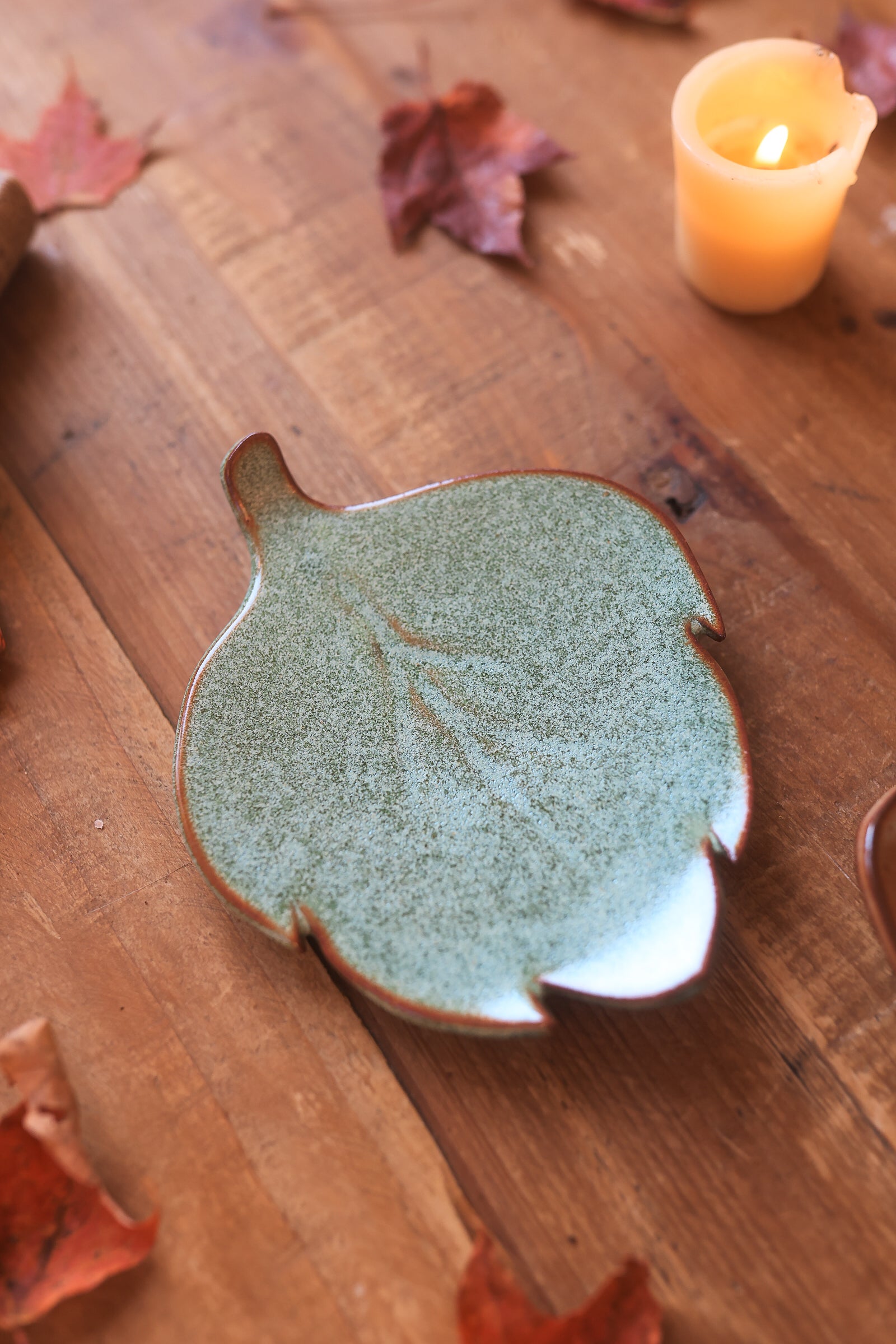 Pair of Autumn Forest Acorn & Leaf Dishes in Red Stoneware