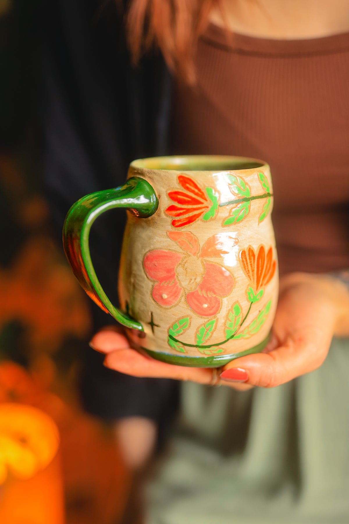 Painted Summer Moths Mug in Washed Coral & Lime 16 oz