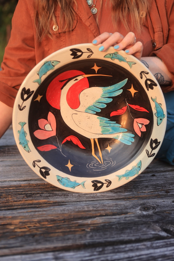 Painted Giant Coastal Blue Heron Bowl in Porcelain