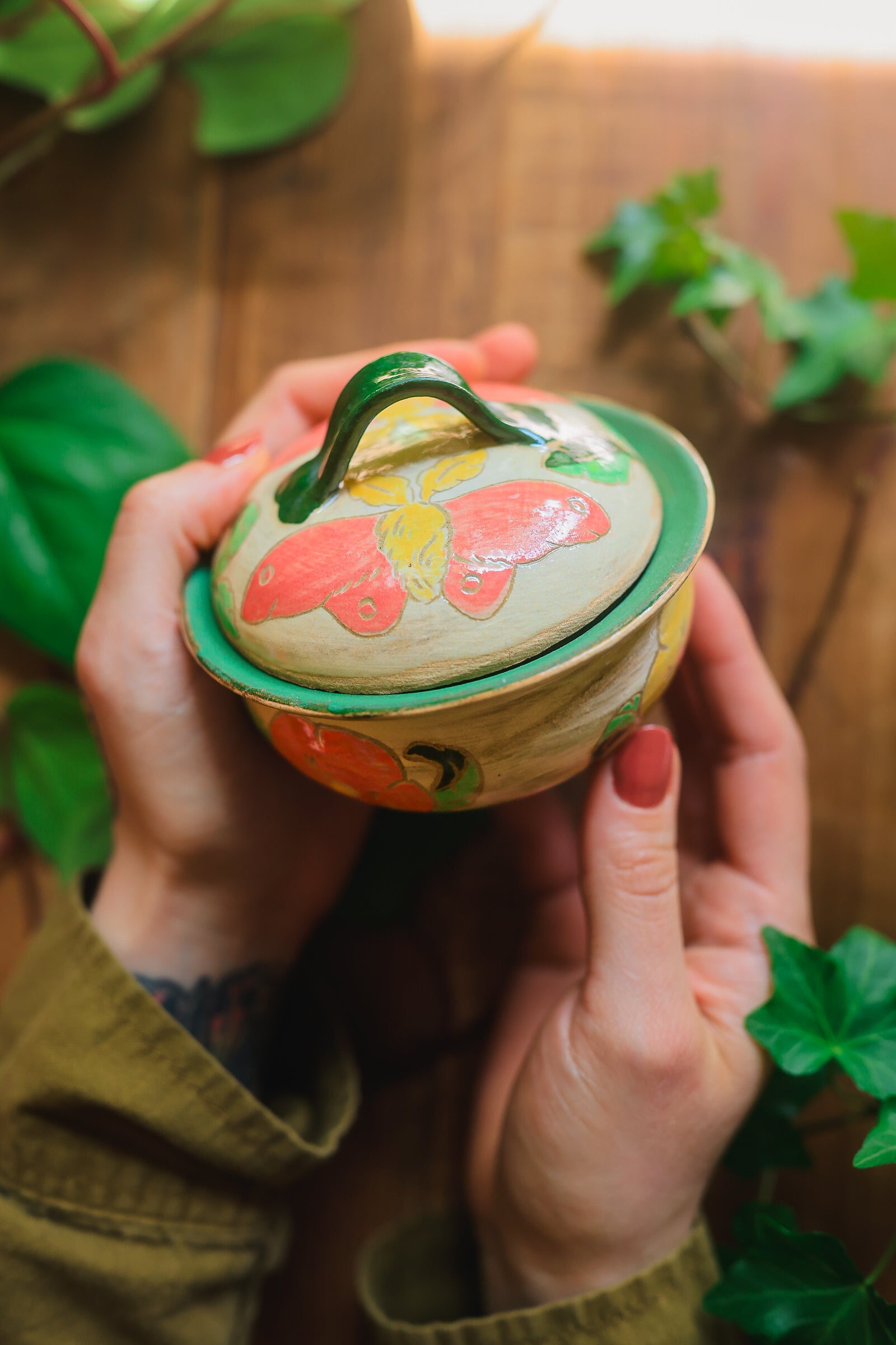 Painted Garden Moths Lidded Jar in Stoneware