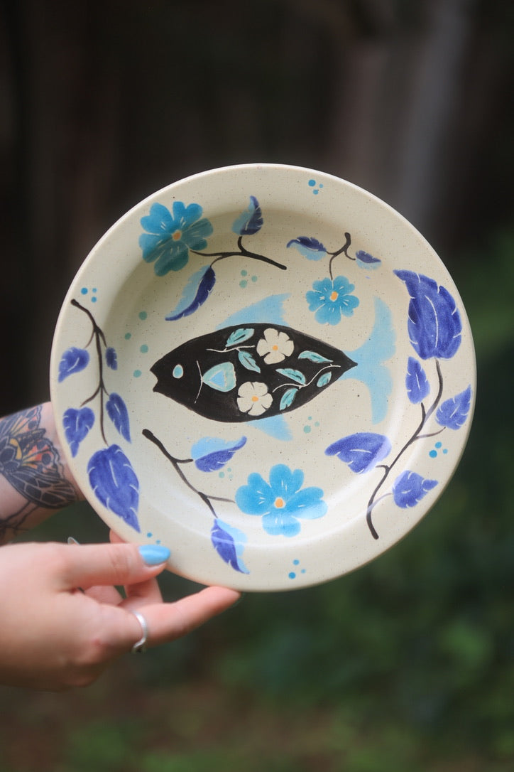 Painted Indigo Blue Botanical Fish Dish in Porcelain