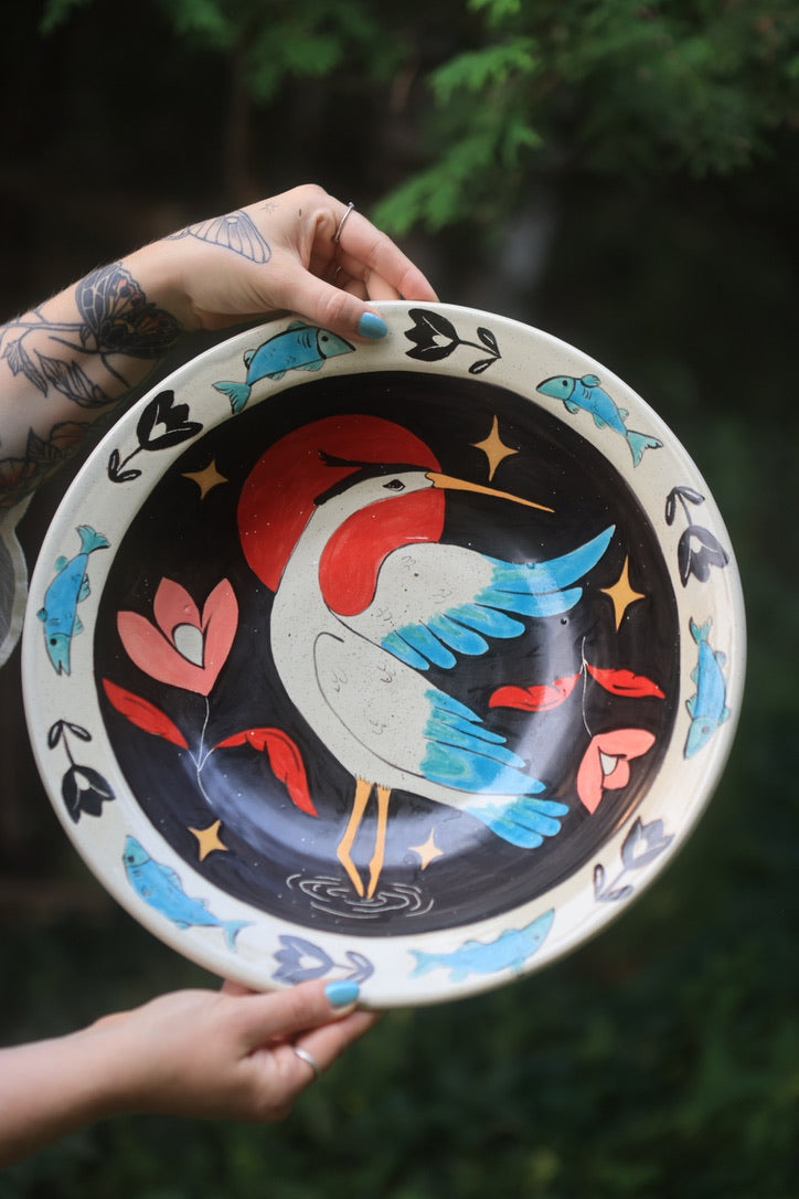 Painted Giant Coastal Blue Heron Bowl in Porcelain
