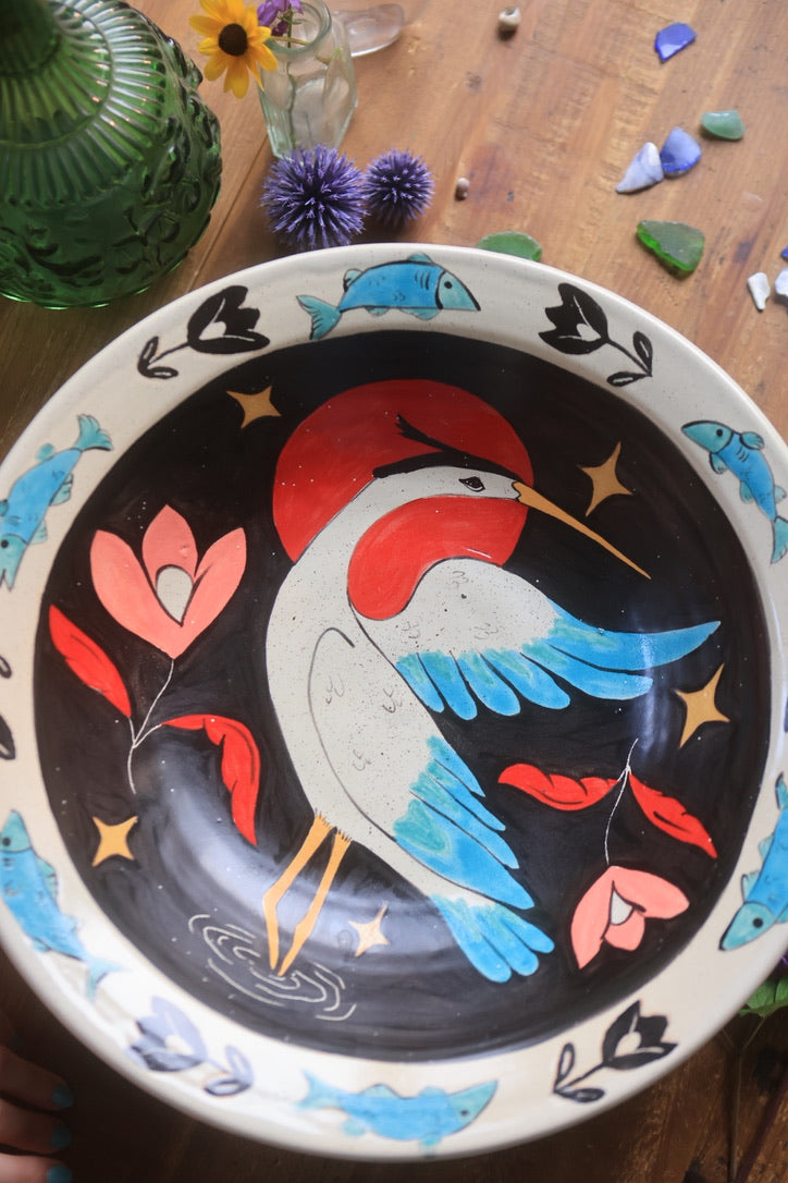 Painted Giant Coastal Blue Heron Bowl in Porcelain