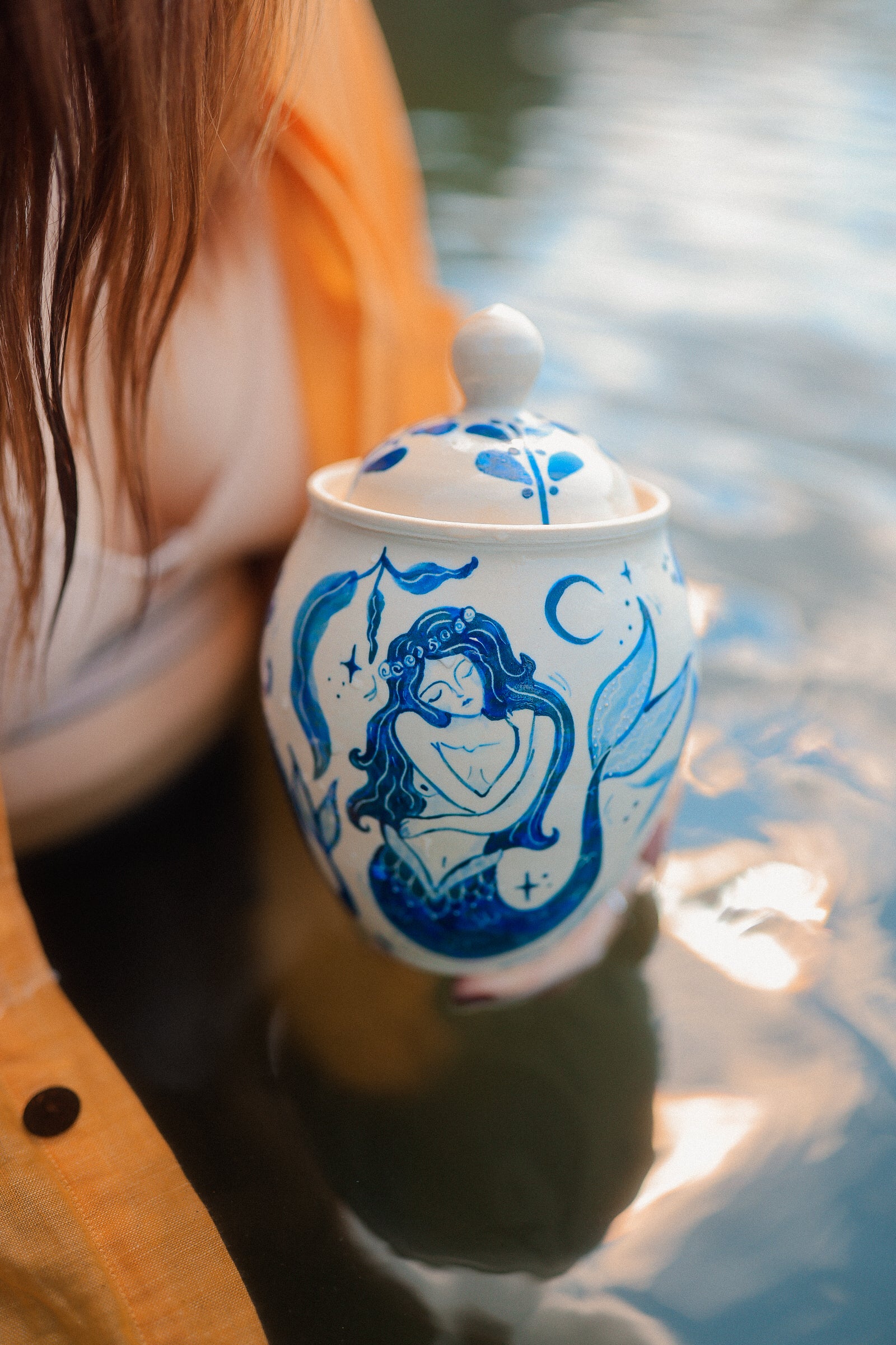 Painted Porcelain Maidens of the Sea Jar in Cobalt Blue