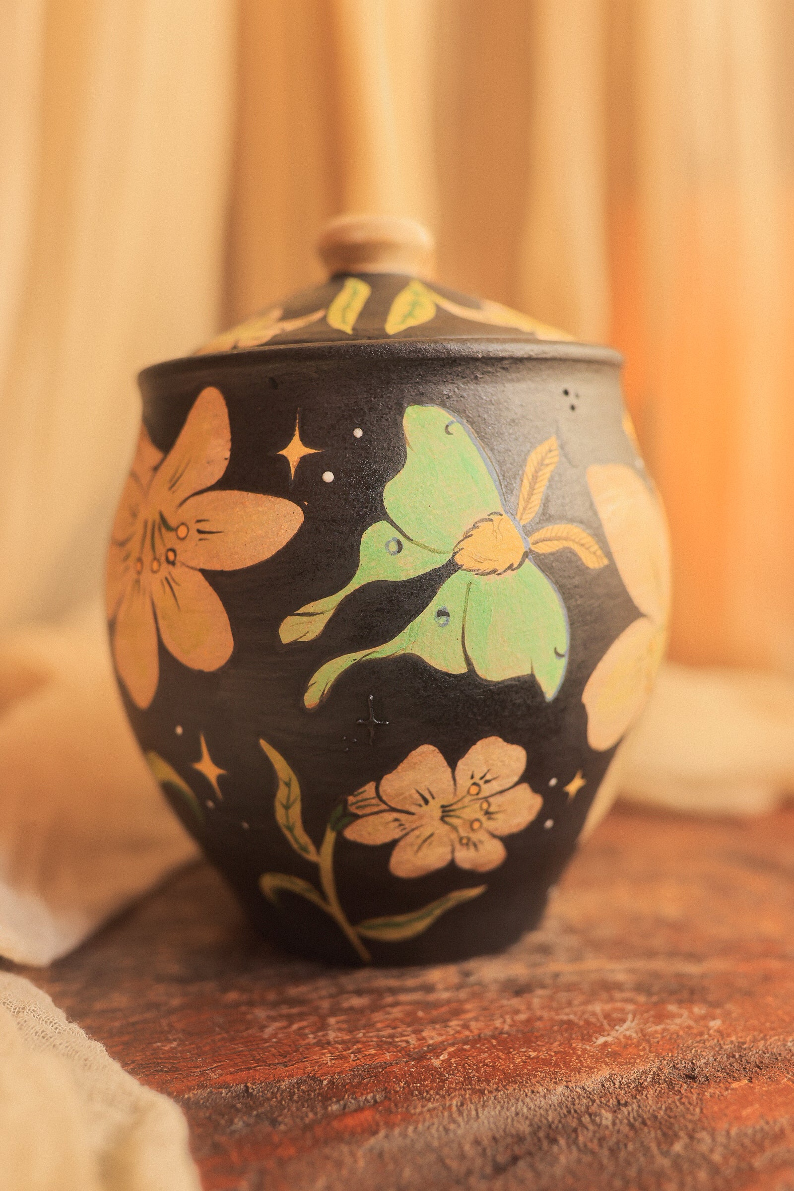 Painted Luna Moths Lidded Jar in Midnight