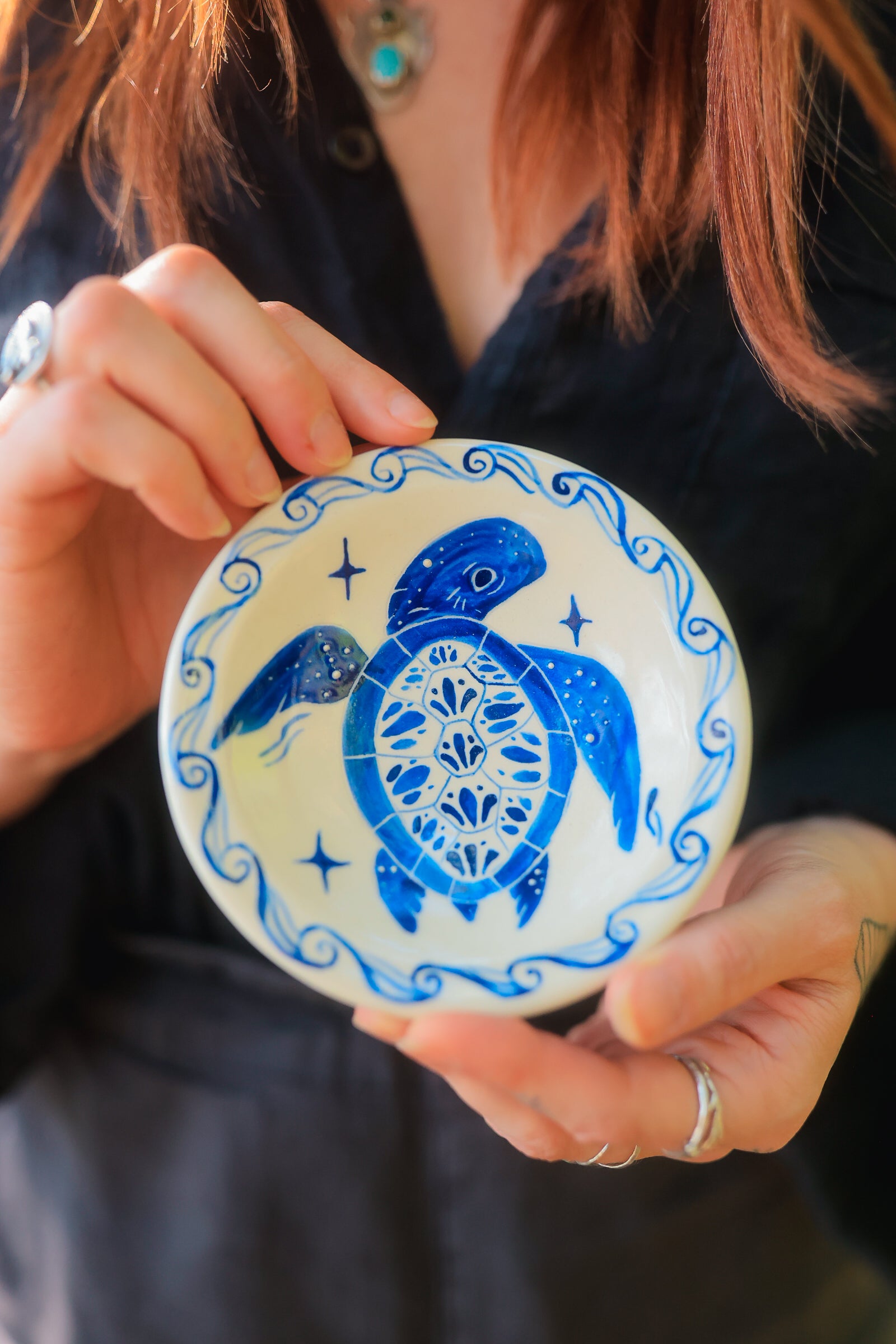 Painted Blue Porcelain Sea Turtle Trinket Dish
