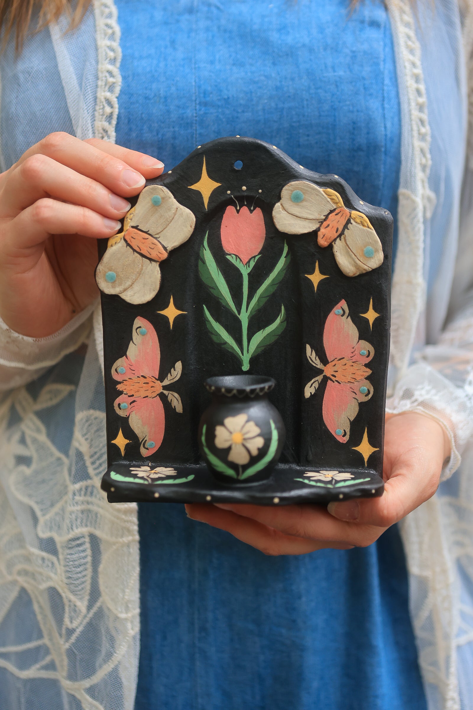 Rosy Maple Moths of Springtime Ceramic Wall Nicho in Midnight