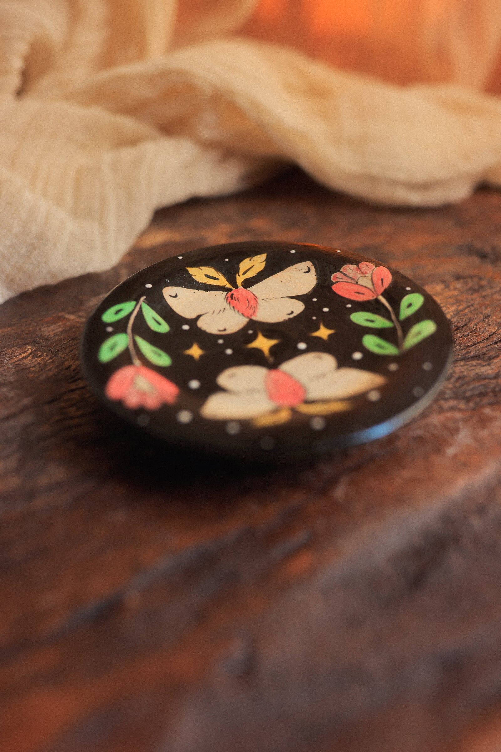 Painted Midnight Garden Moths Trinket Dish
