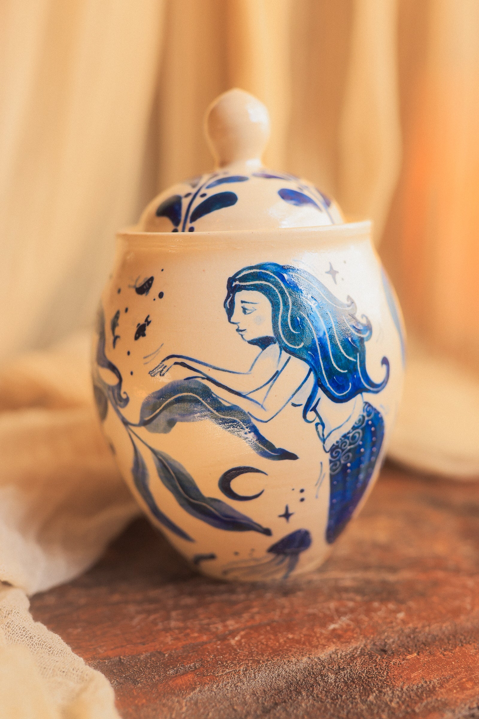 Painted Porcelain Maidens of the Sea Jar in Cobalt Blue