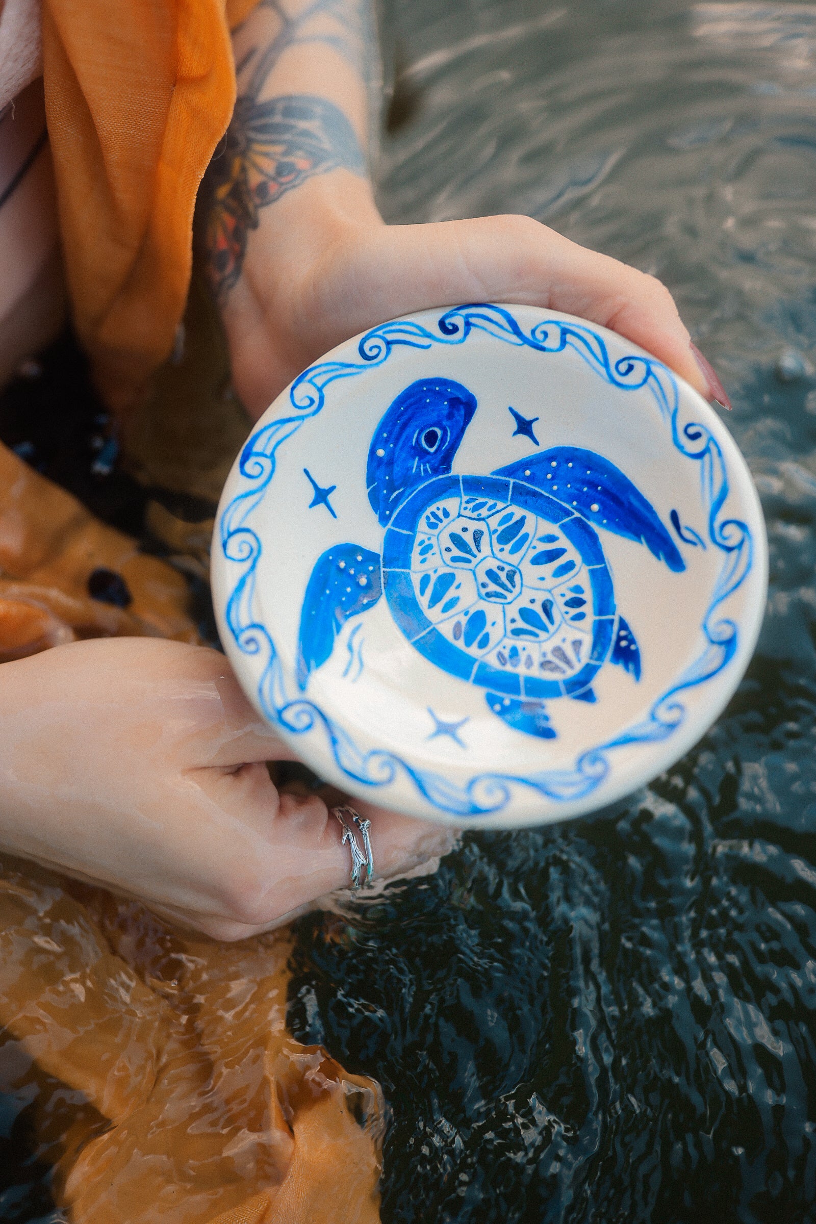 Painted Blue Porcelain Sea Turtle Trinket Dish