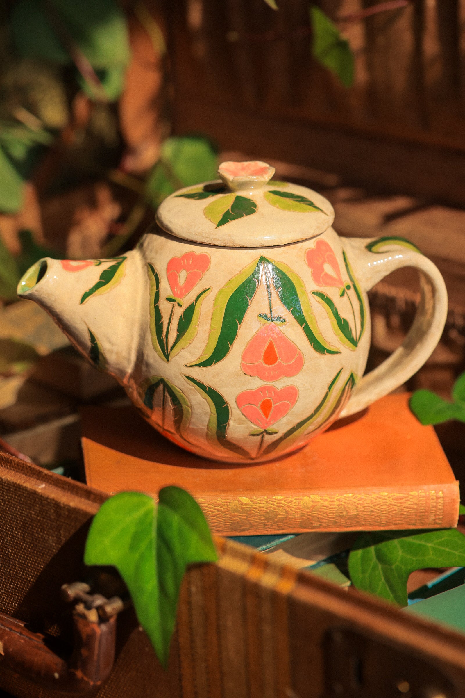 Painted Botanical Temple of Flowers Teapot in Stoneware