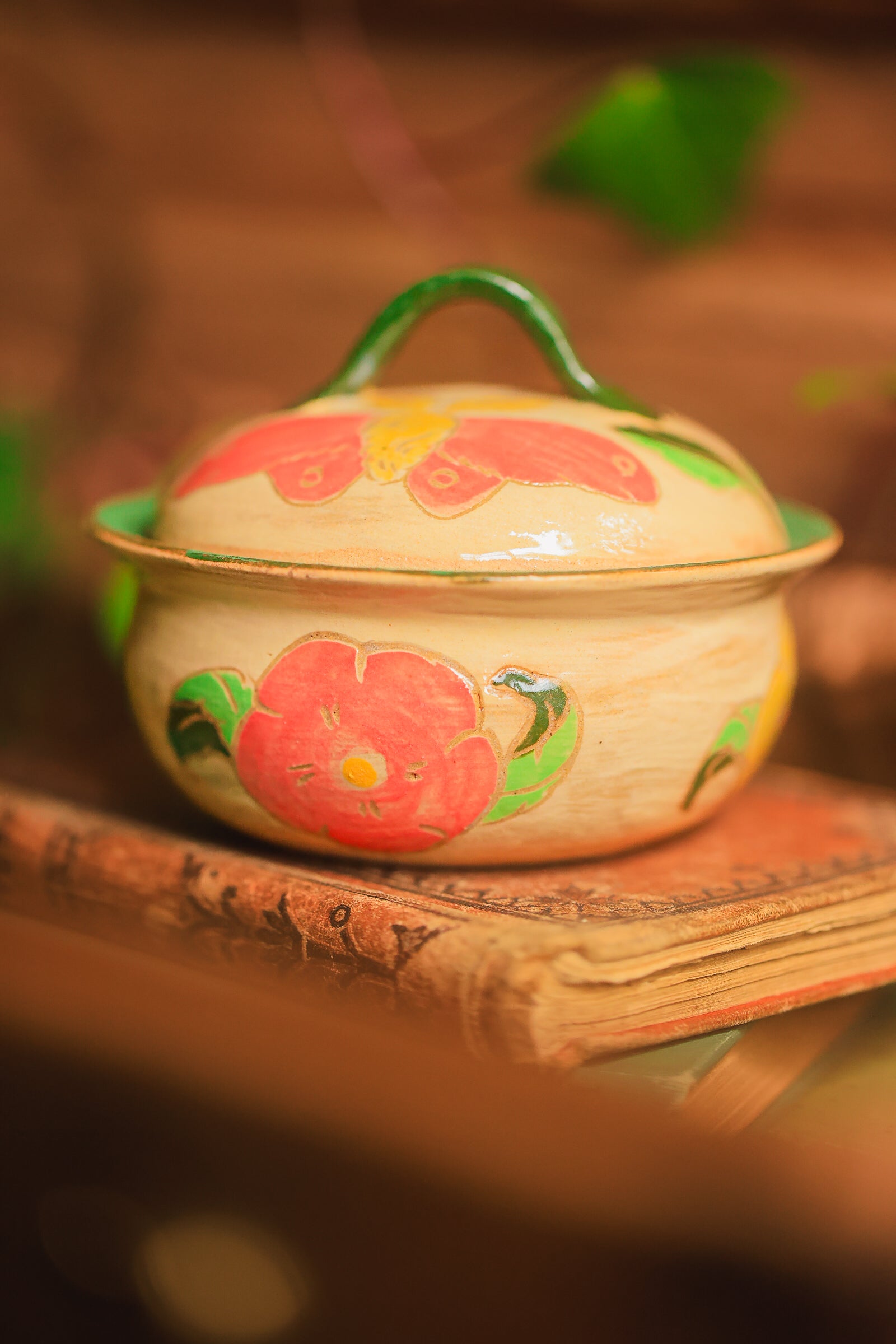 Painted Garden Moths Lidded Jar in Stoneware