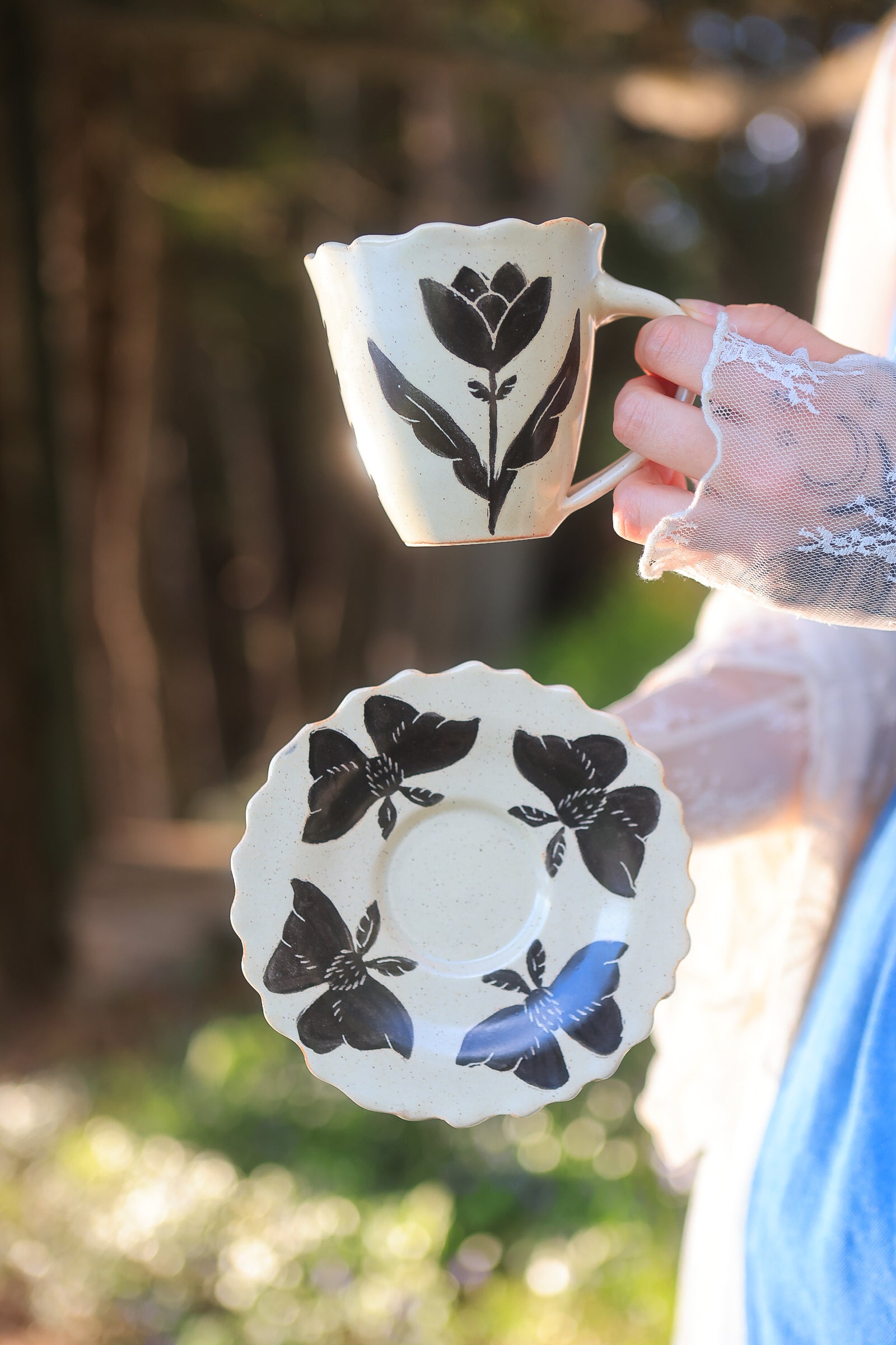 5 Folkware Flutter Moths Mug and Dish Set in Porcelain
