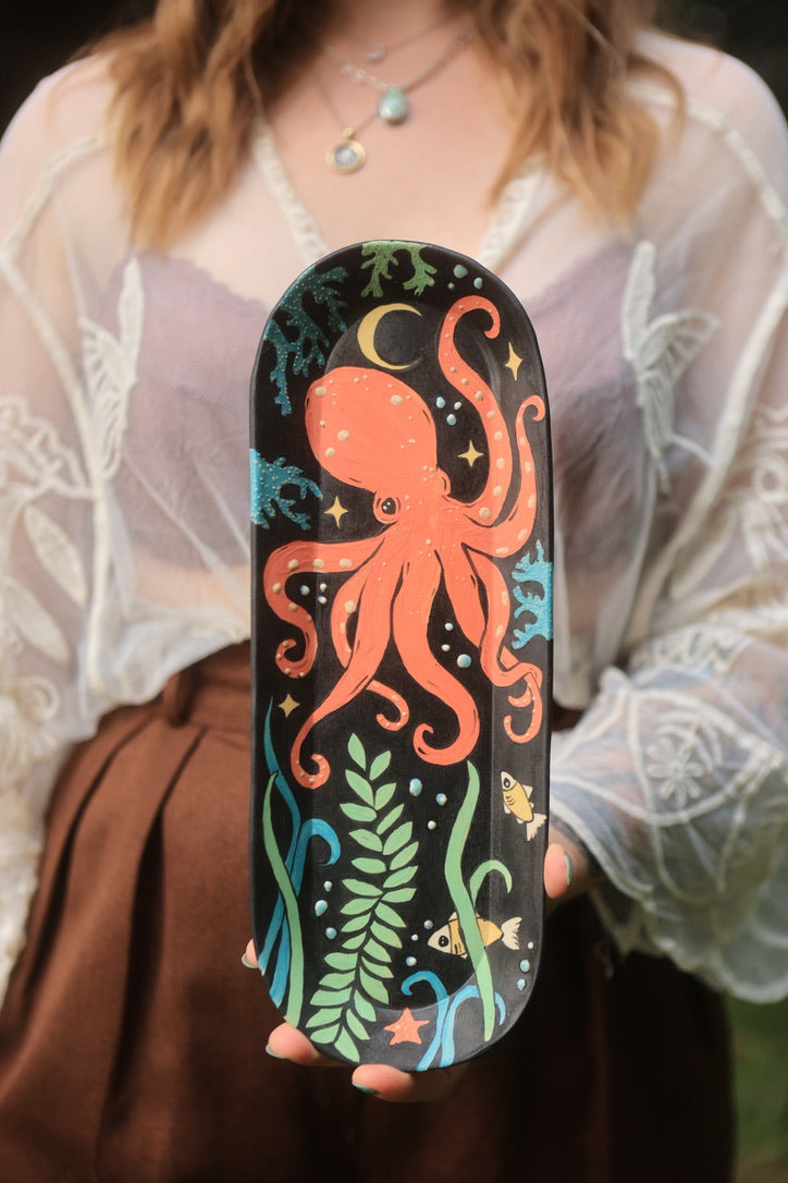 Midnight Coral Sea Octopus Dish in Porcelain