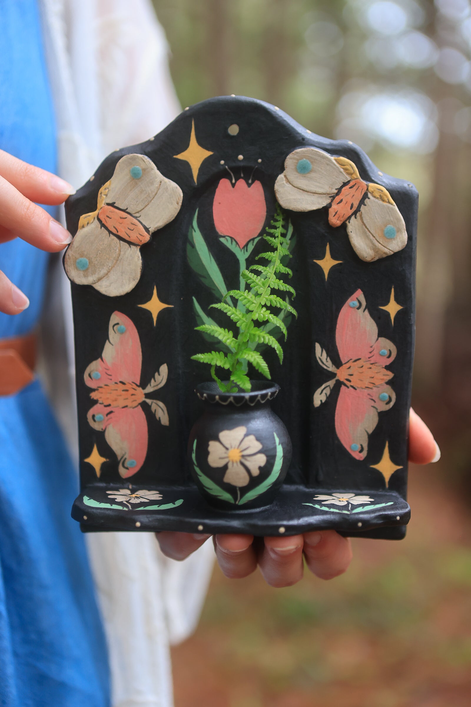 Rosy Maple Moths of Springtime Ceramic Wall Nicho in Midnight
