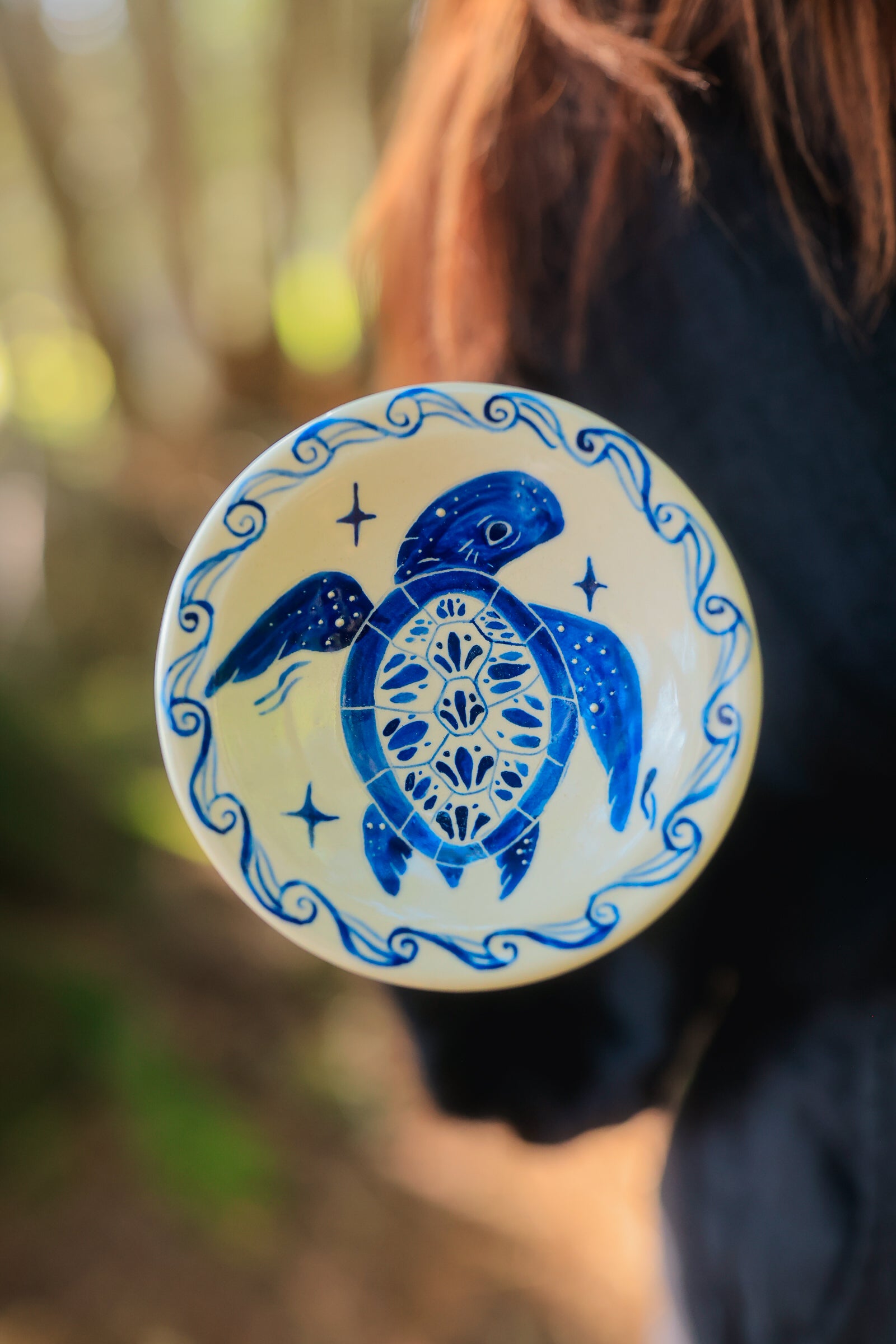 Painted Blue Porcelain Sea Turtle Trinket Dish