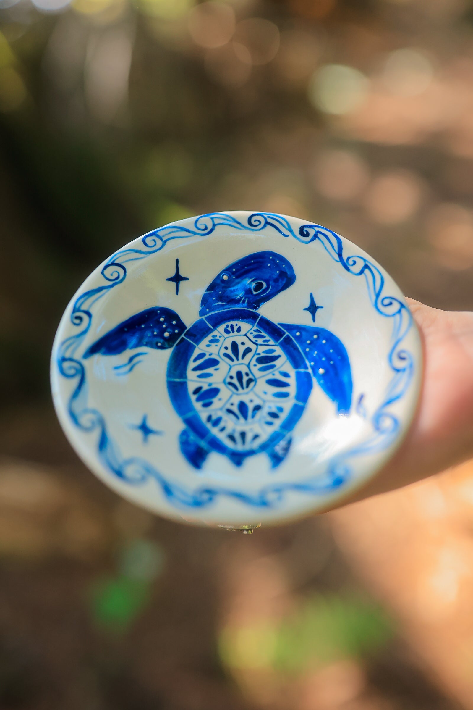 Painted Blue Porcelain Sea Turtle Trinket Dish