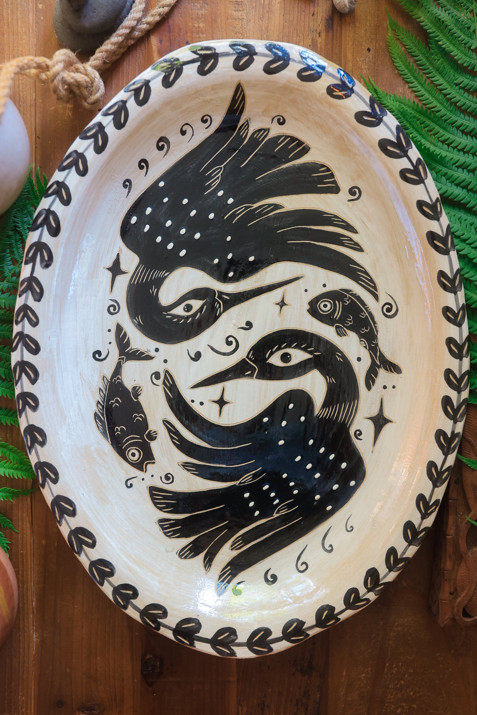 Painted Stoneware Swimming Loons Serving Platter in Washed Ink
