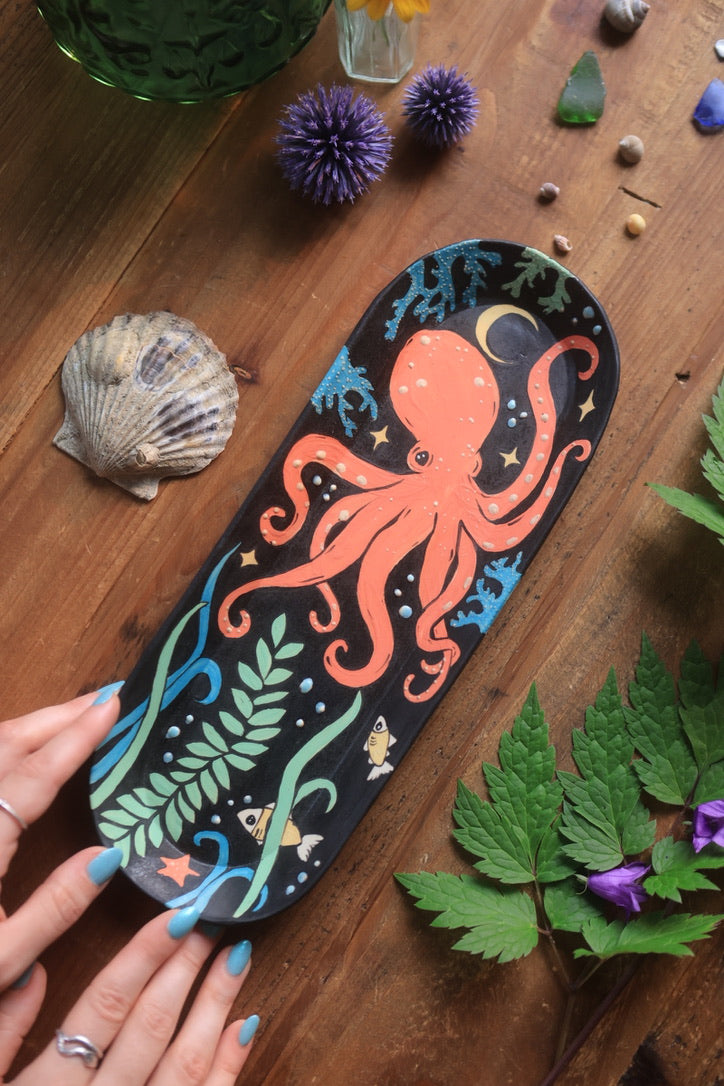 Midnight Coral Sea Octopus Dish in Porcelain