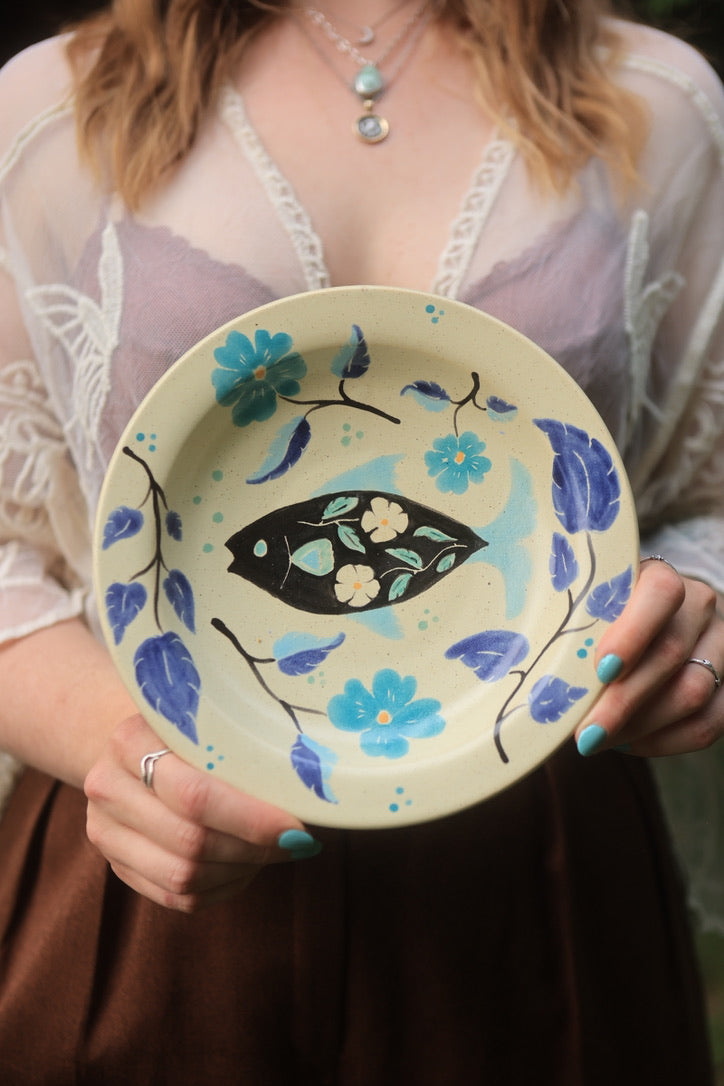 Painted Indigo Blue Botanical Fish Dish in Porcelain