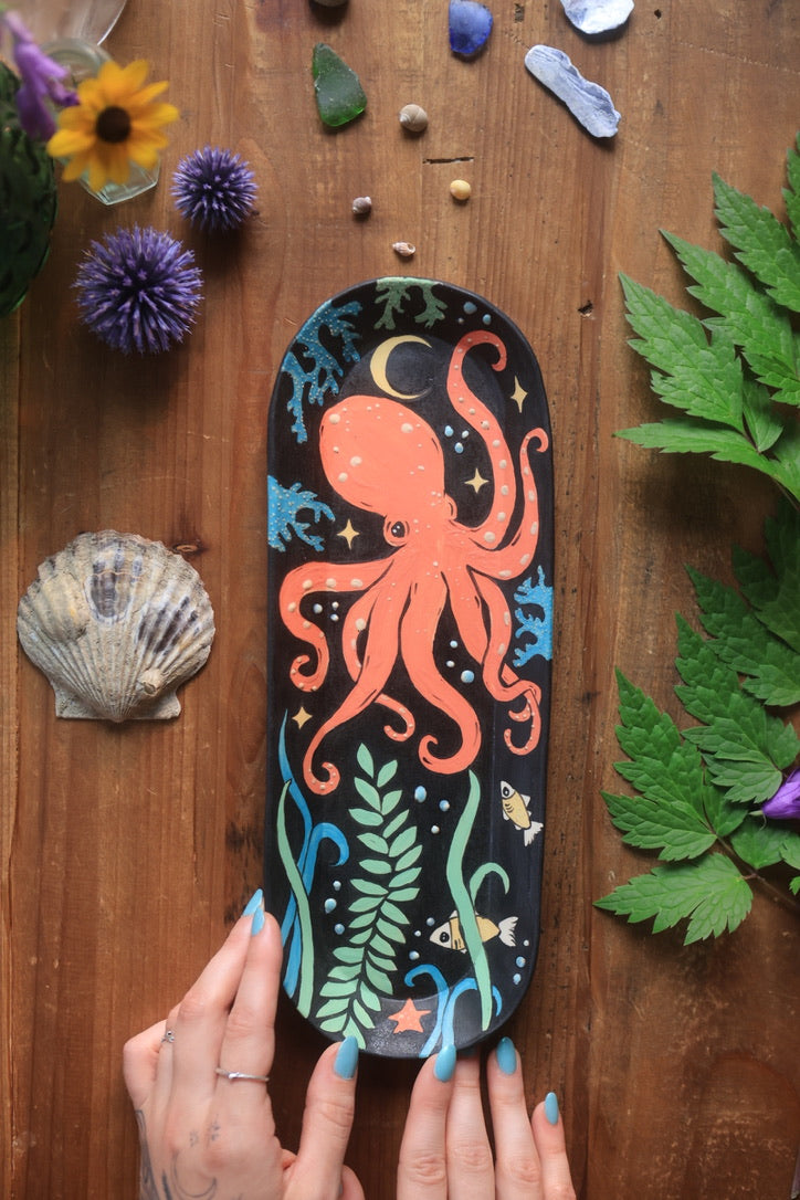 Midnight Coral Sea Octopus Dish in Porcelain