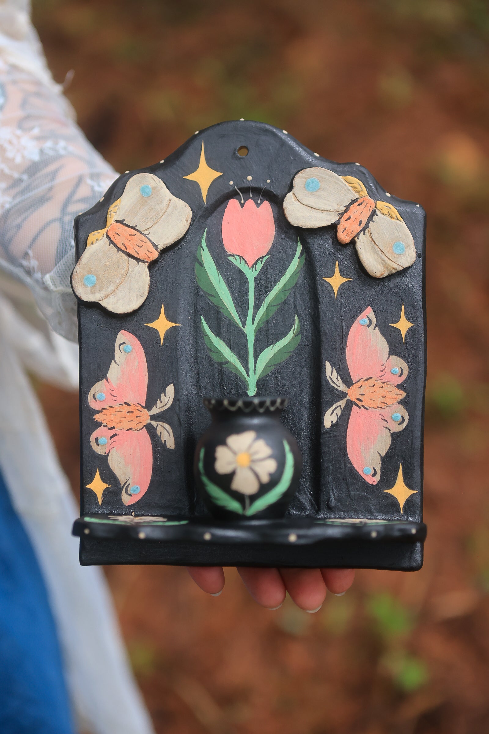 Rosy Maple Moths of Springtime Ceramic Wall Nicho in Midnight