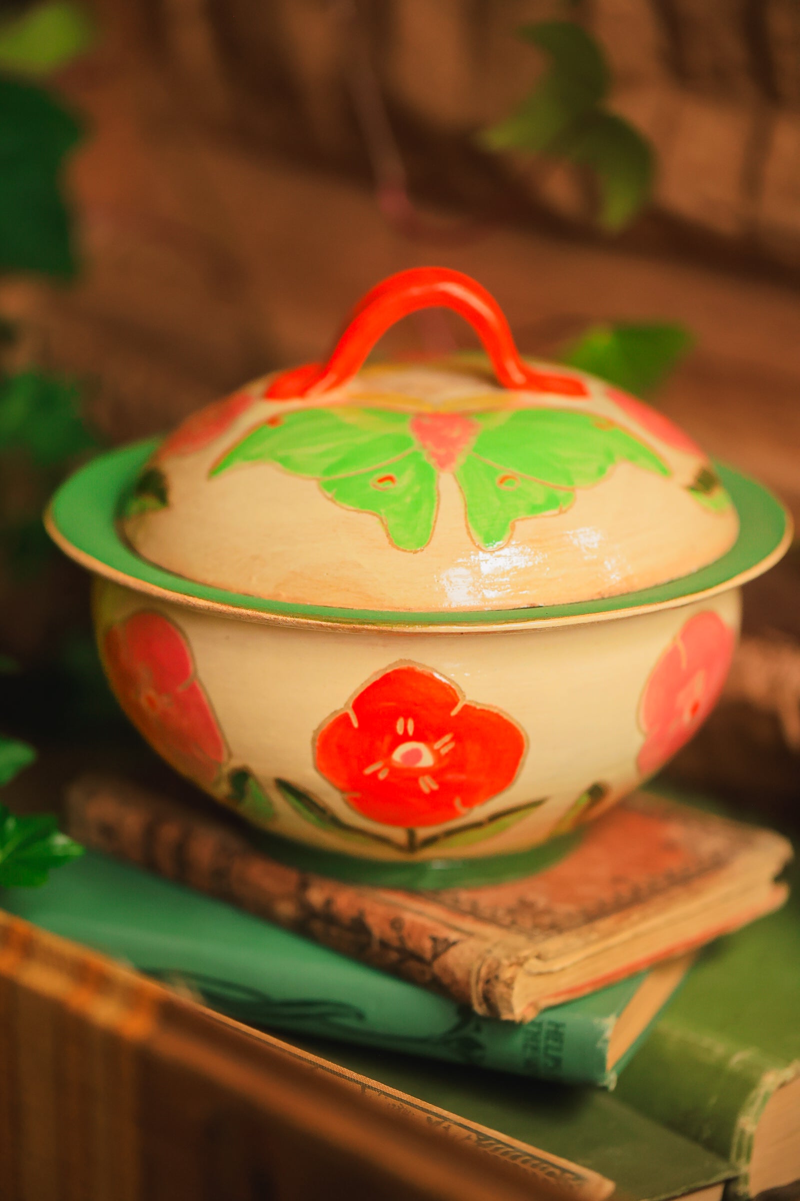Painted Green Garden Moths Lidded Jar in Stoneware