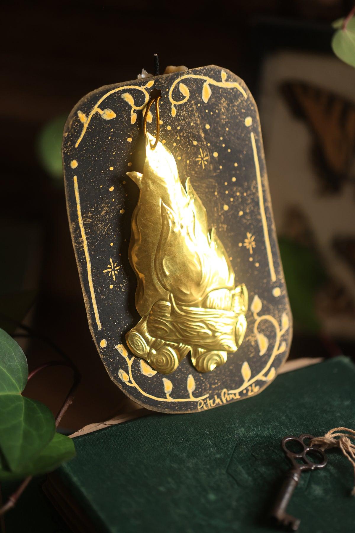 Golden Campfire Charm in Antique Brass