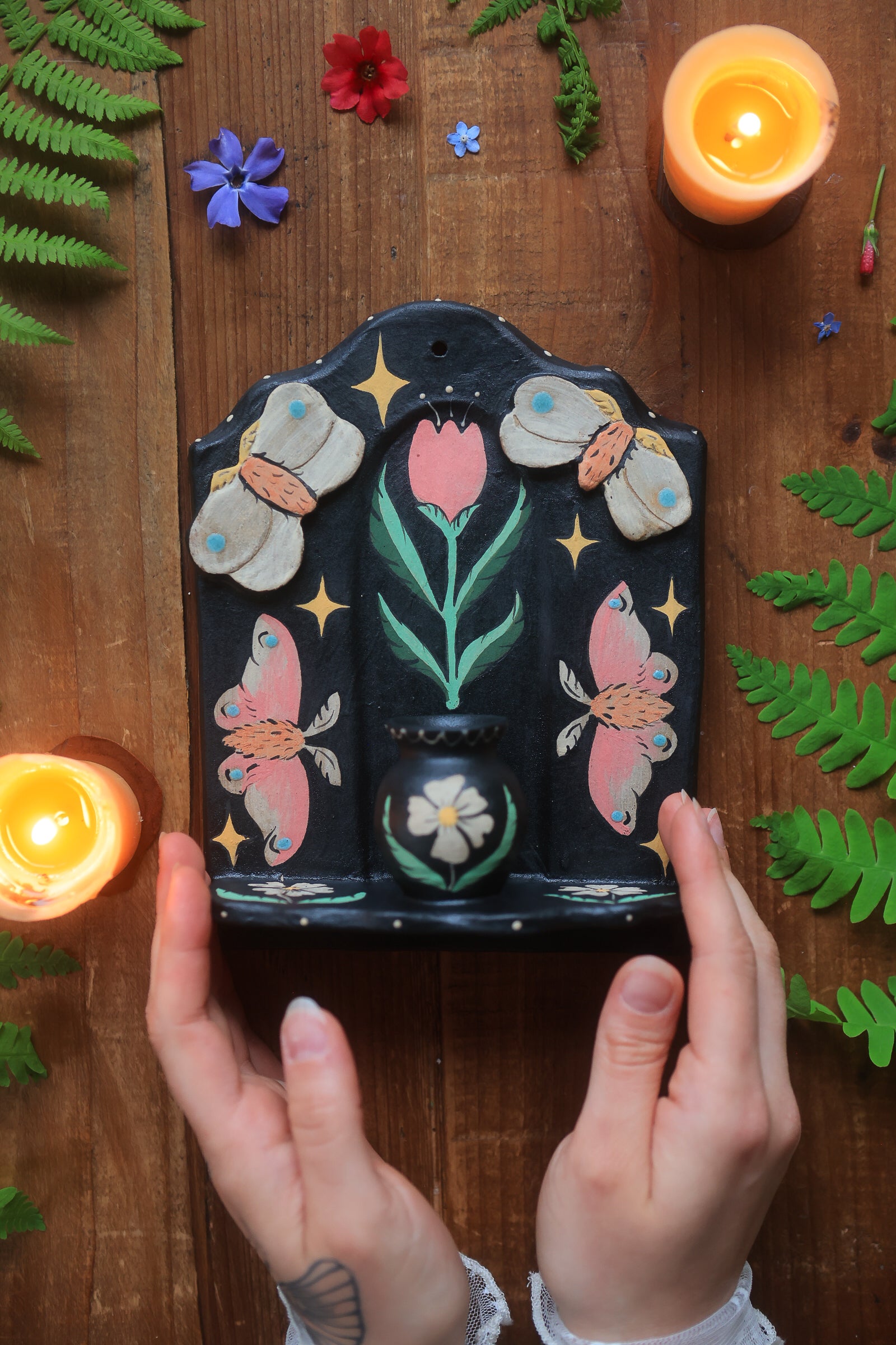 Rosy Maple Moths of Springtime Ceramic Wall Nicho in Midnight