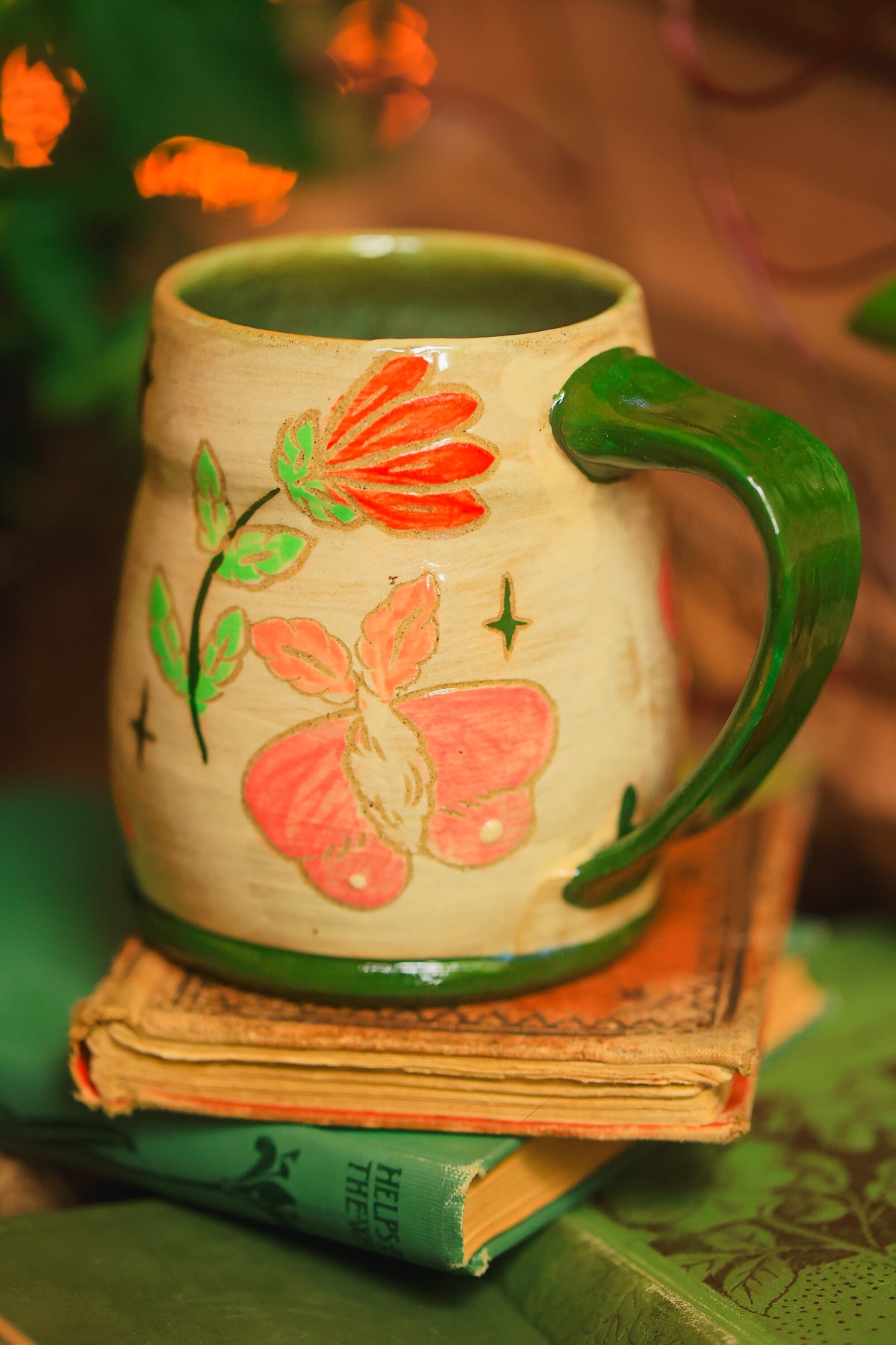 Painted Summer Moths Mug in Washed Coral & Lime 16 oz
