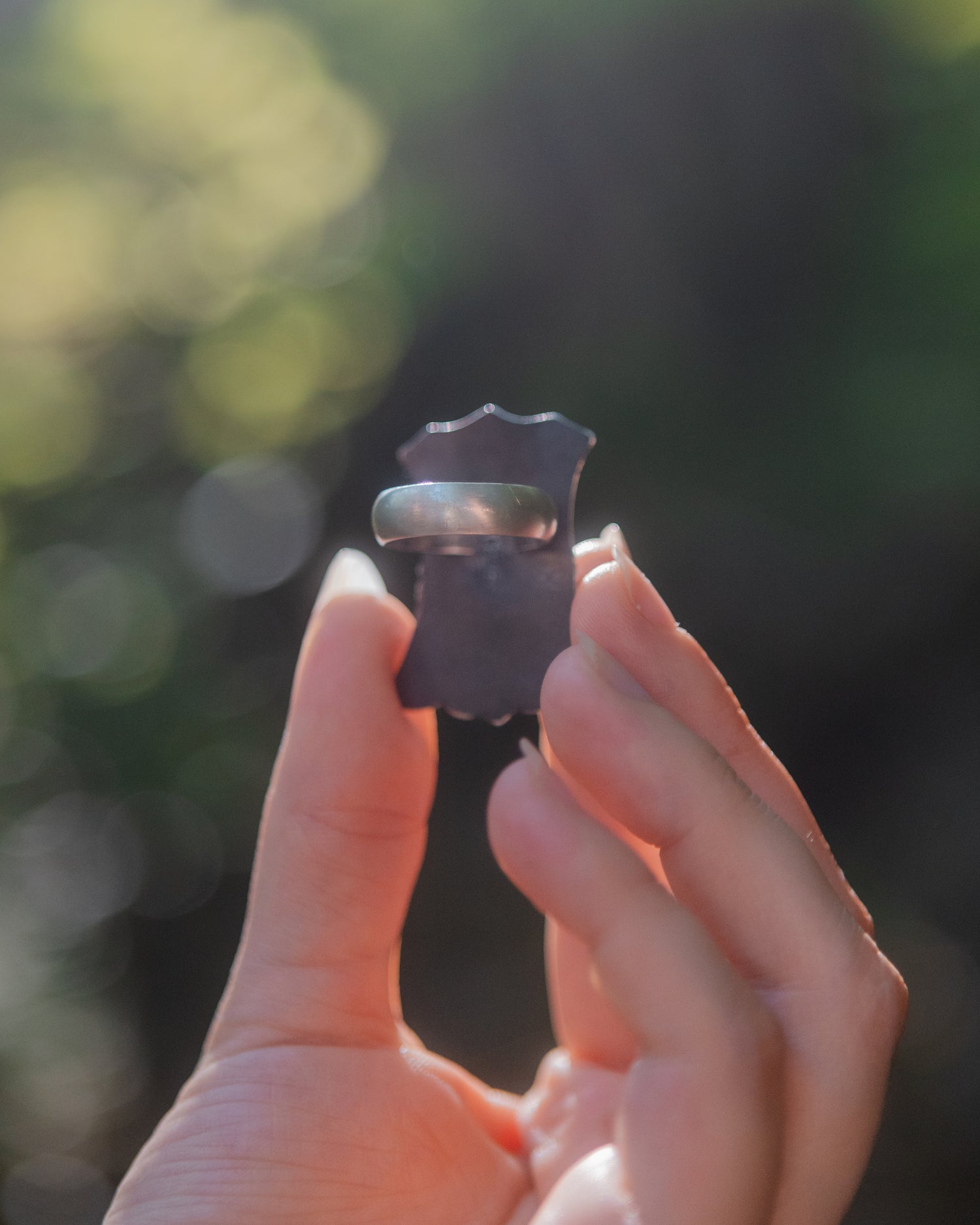 Fernlore Shield Ring - Antiqued Silver with Nephrite Jade & Kunzite size 7.5